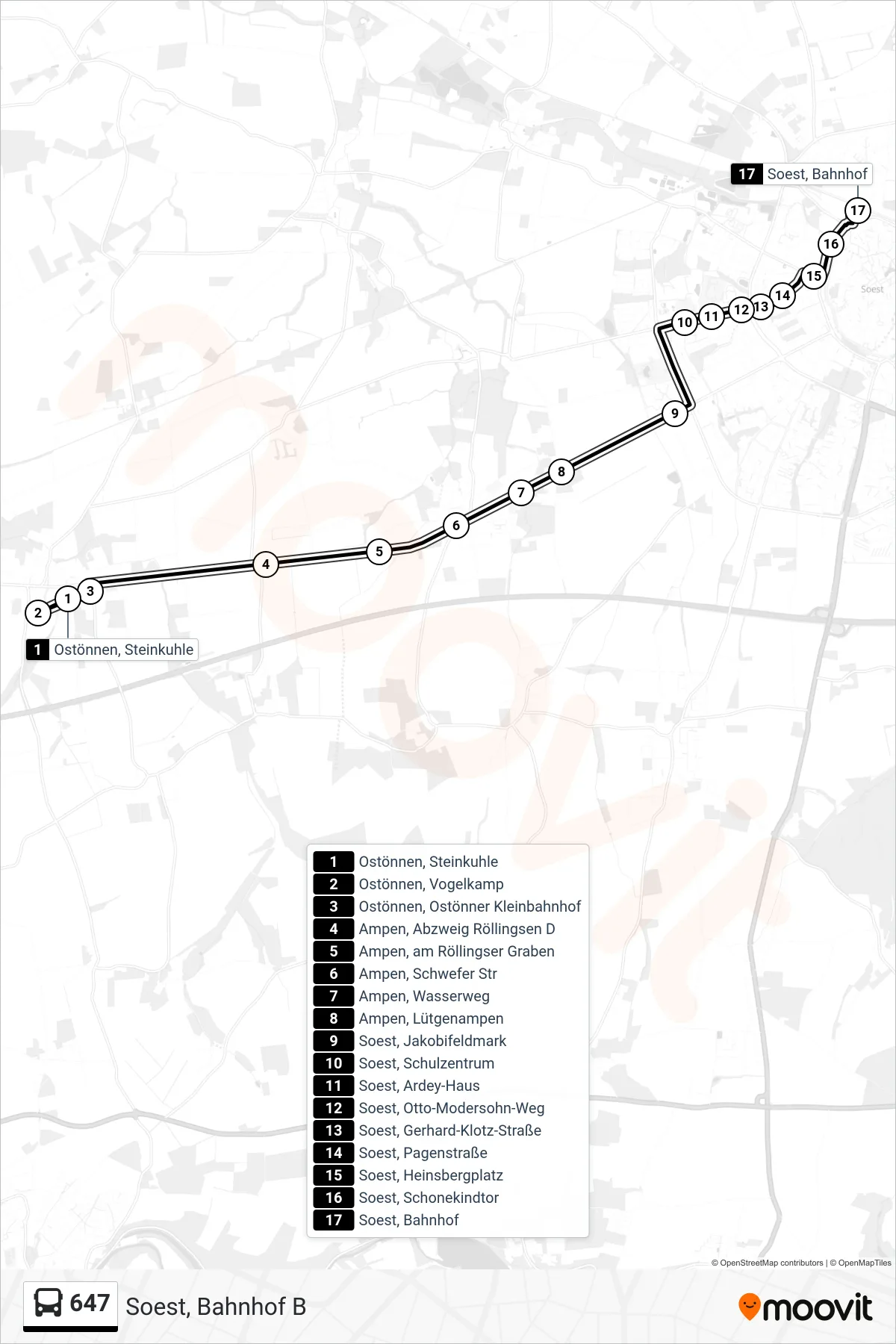 647 bus Line (Soest, Bahnhof B) route and stops on a map