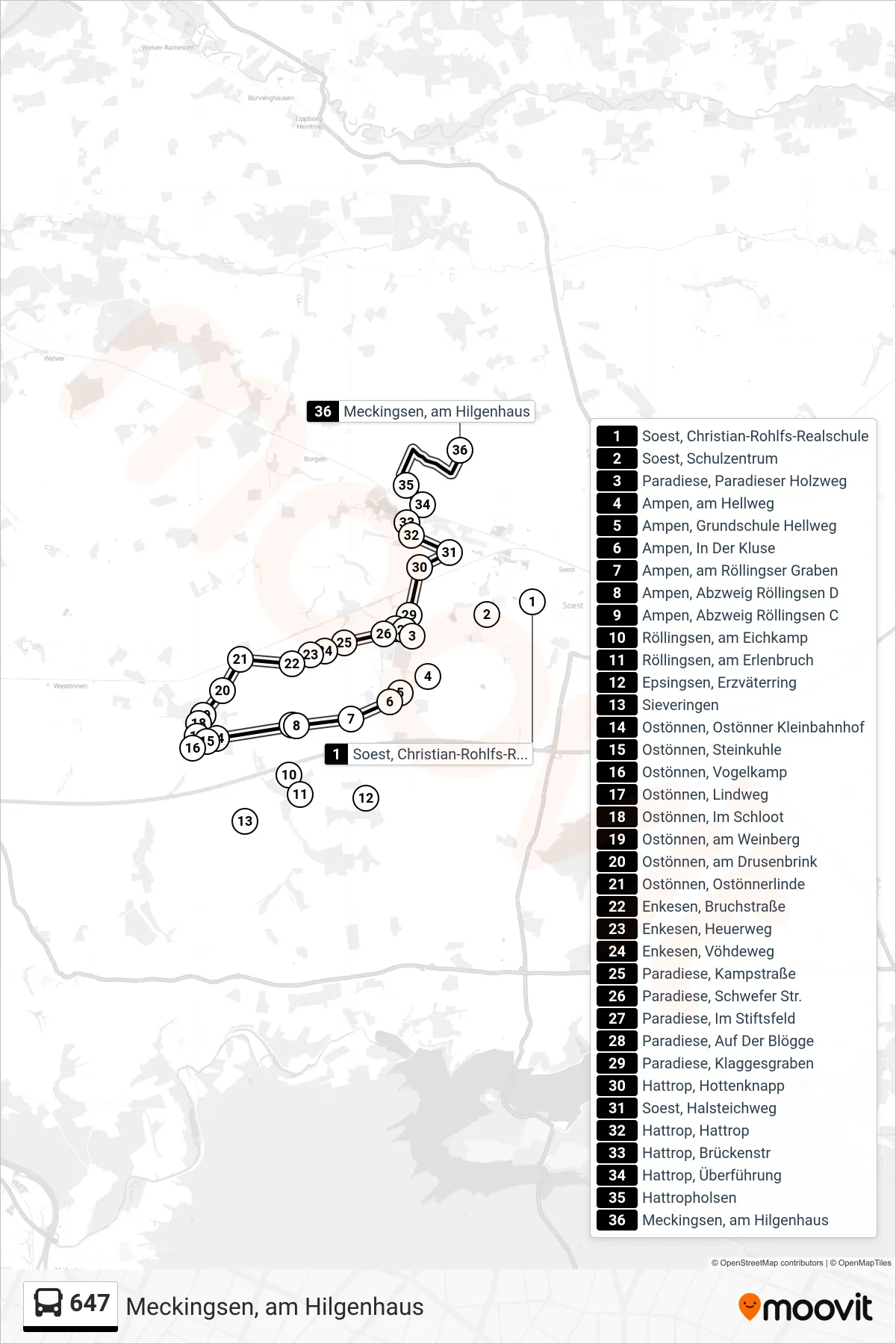 647 bus Line (Meckingsen, am Hilgenhaus) route and stops on a map