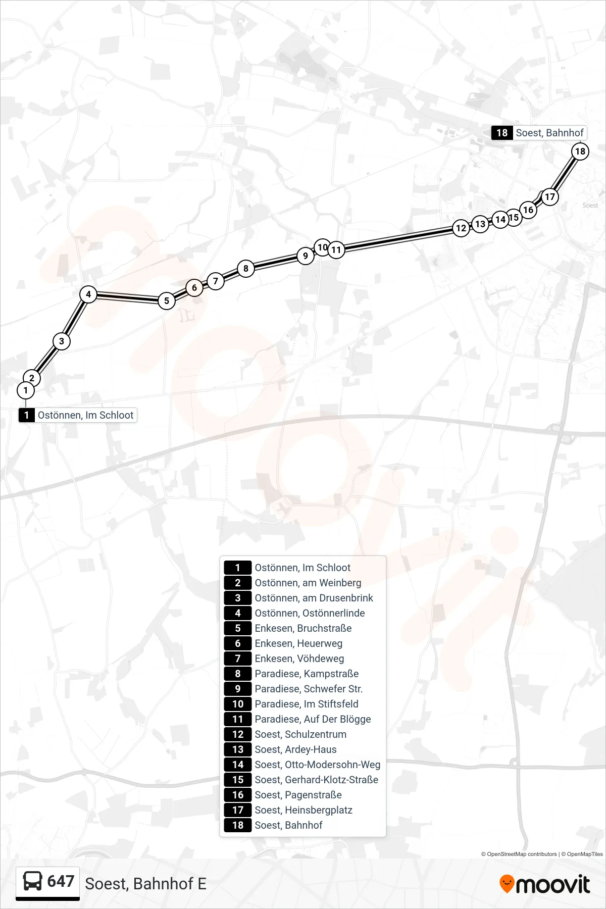 647 bus Line (Soest, Bahnhof E) route and stops on a map