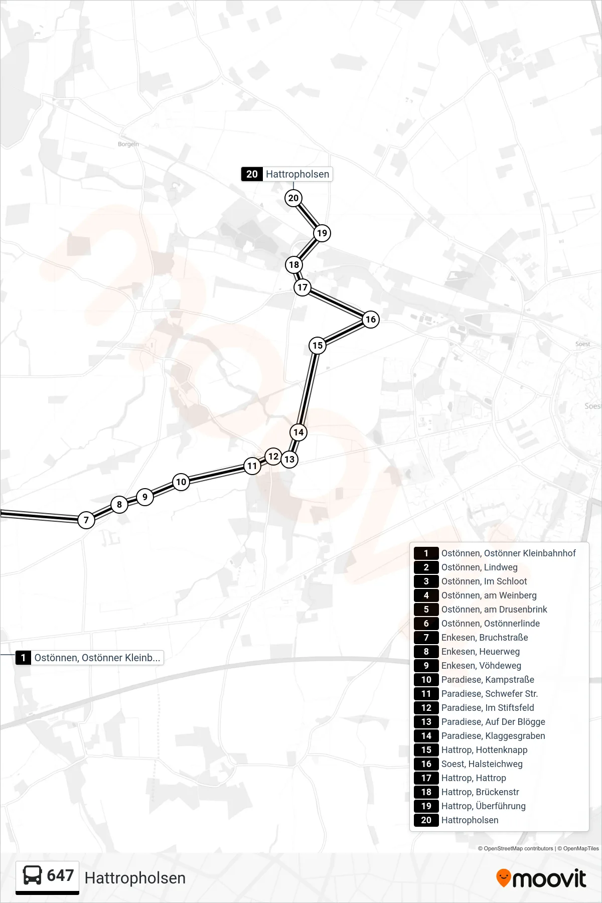 Linie 647 (Bus) Richtung Hattropholsen: Route und Haltestellen auf der Karte
