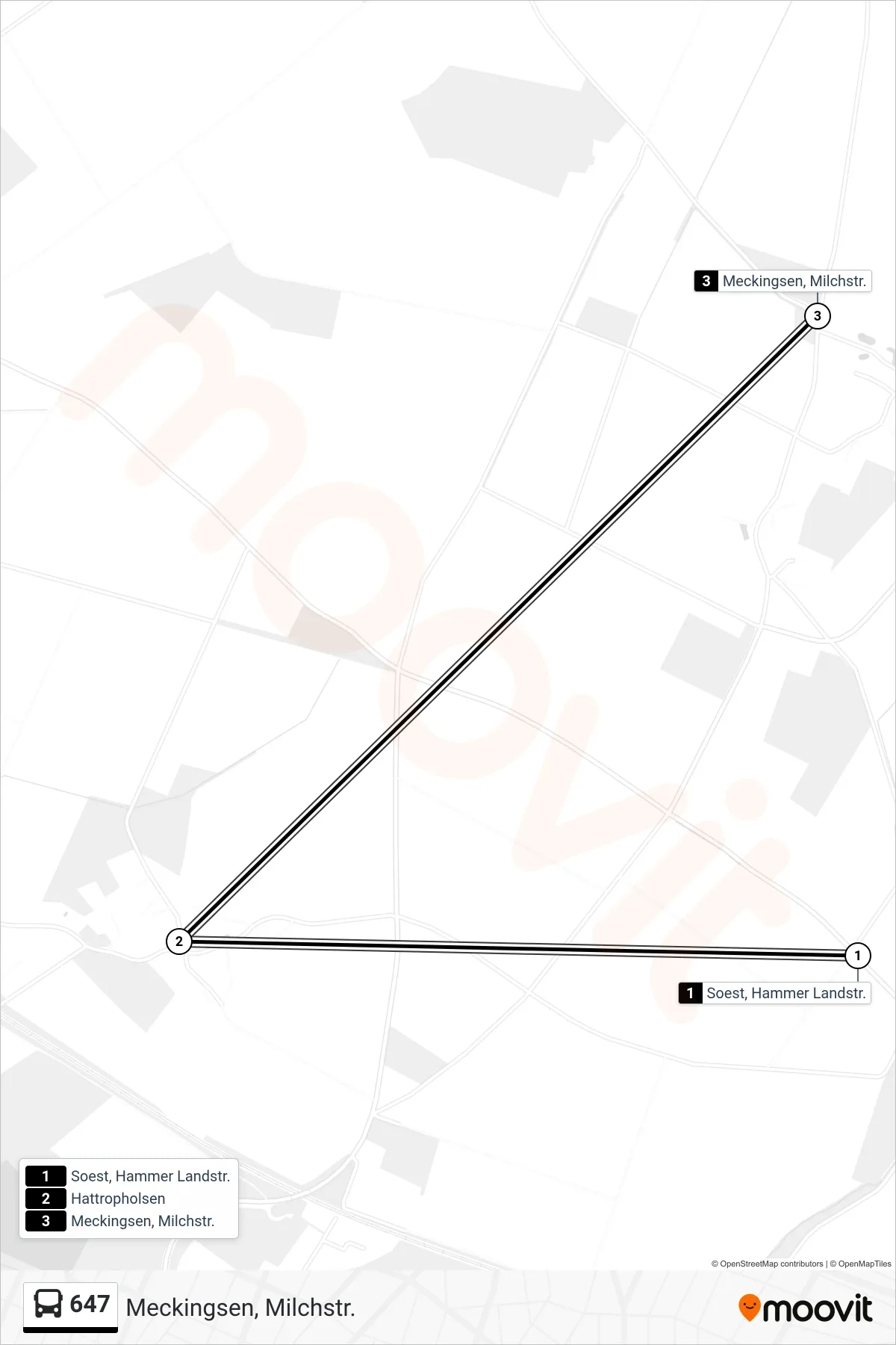 647 bus Line (Meckingsen, Milchstr.) route and stops on a map