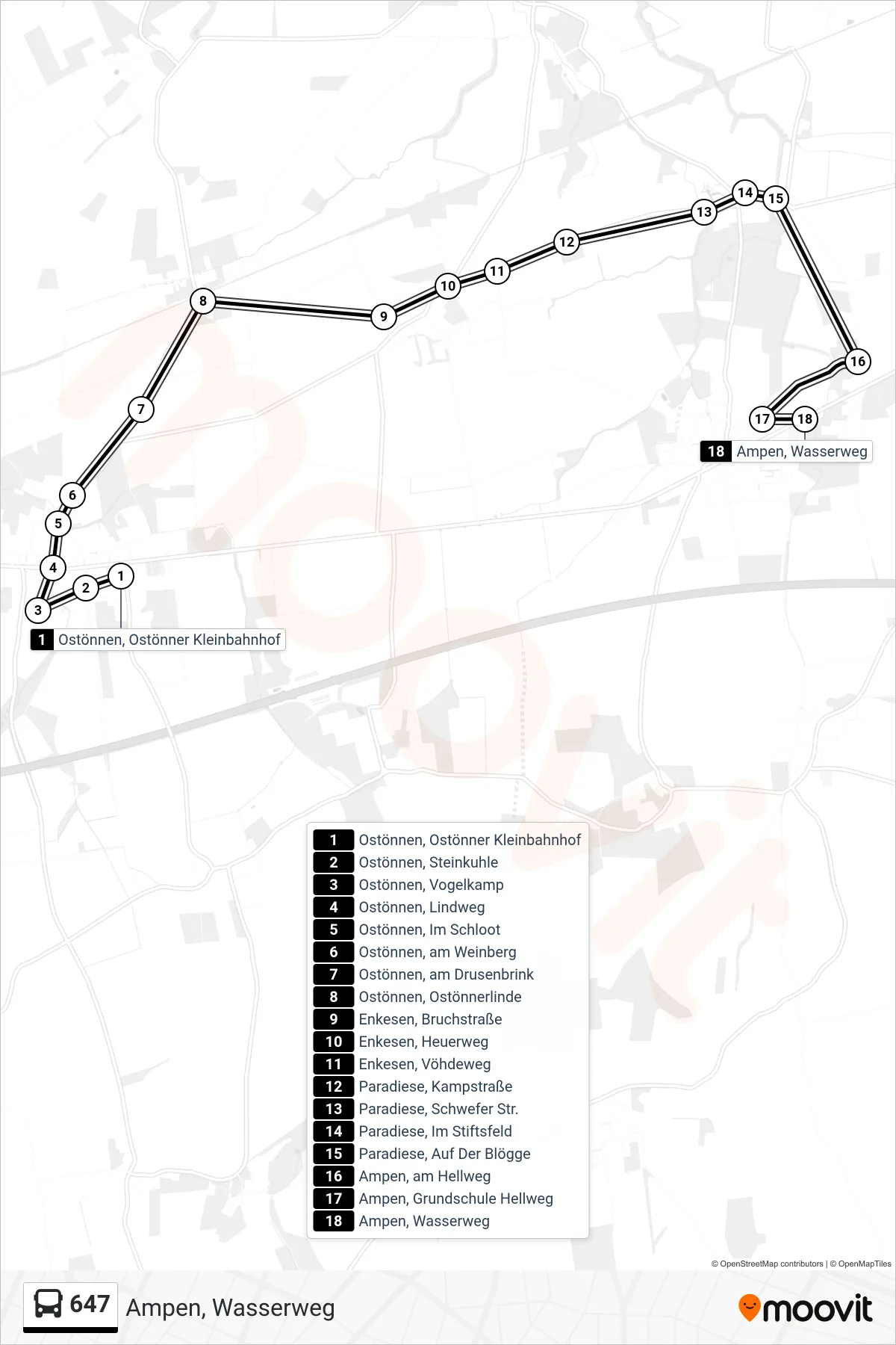 647 bus Line (Ampen, Wasserweg) route and stops on a map