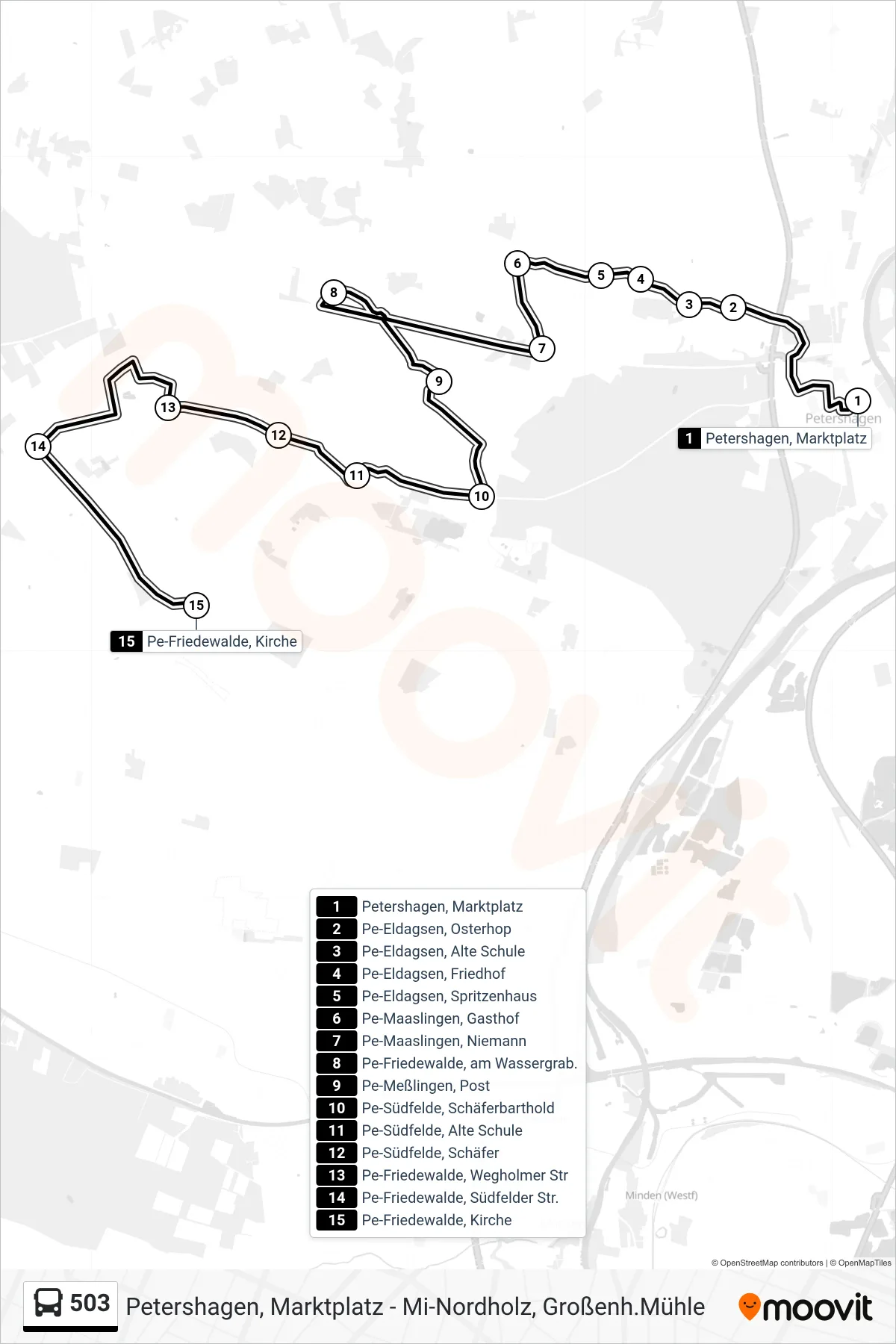 503 bus Line (Friedewalde - Petershagen) route and stops on a map