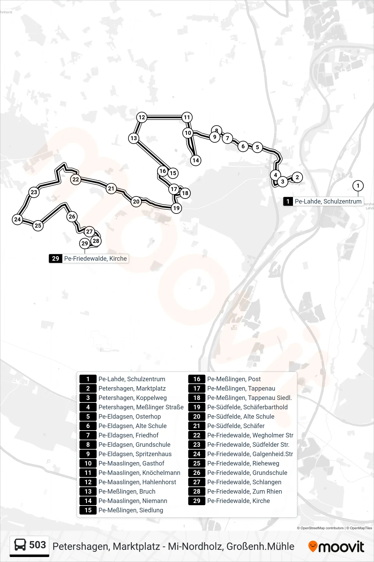 503 bus Line (Friedewalde) route and stops on a map