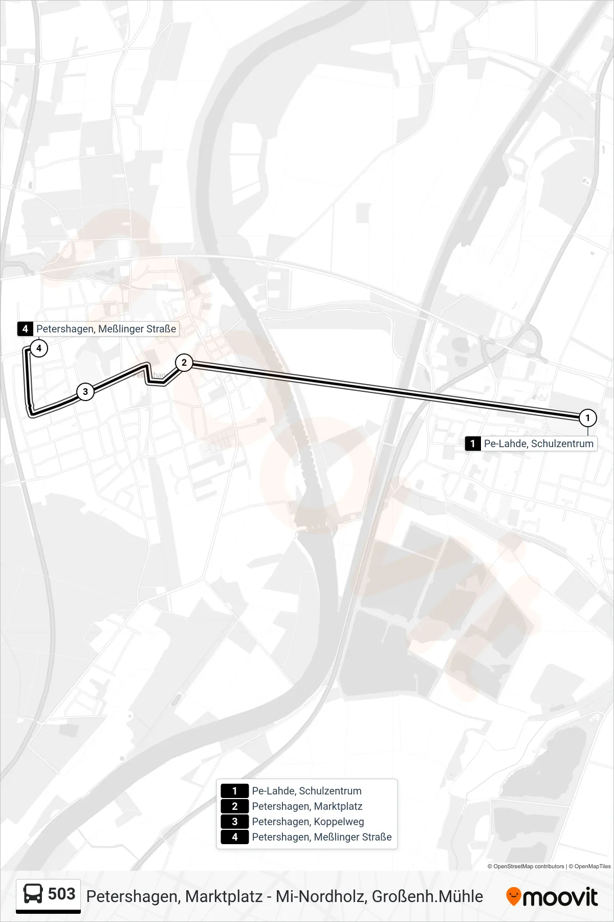 503 bus Line (Petershagen Messlinger Str.) route and stops on a map