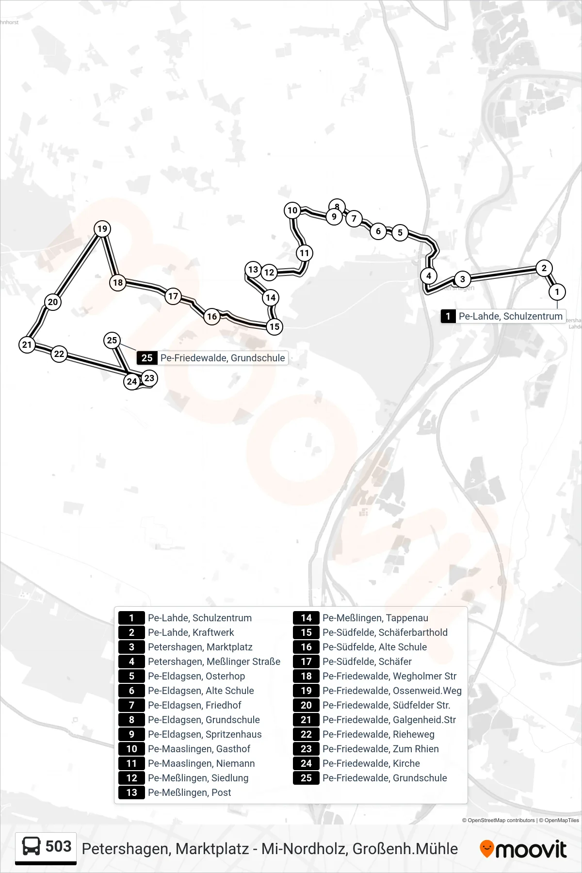 503 bus Line (Pe-Friedewalde, Grundschule) route and stops on a map