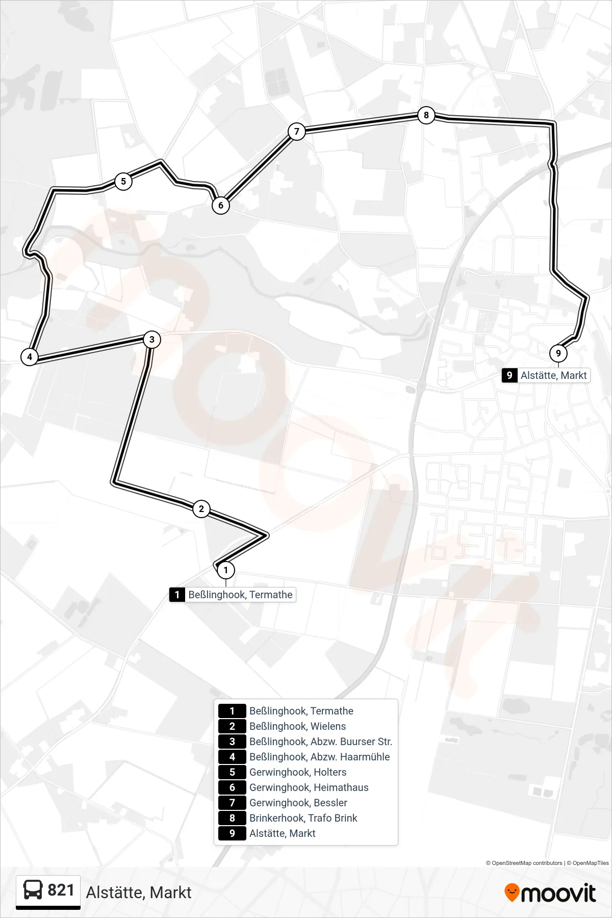 821 bus Line (Alstätte, Markt) route and stops on a map