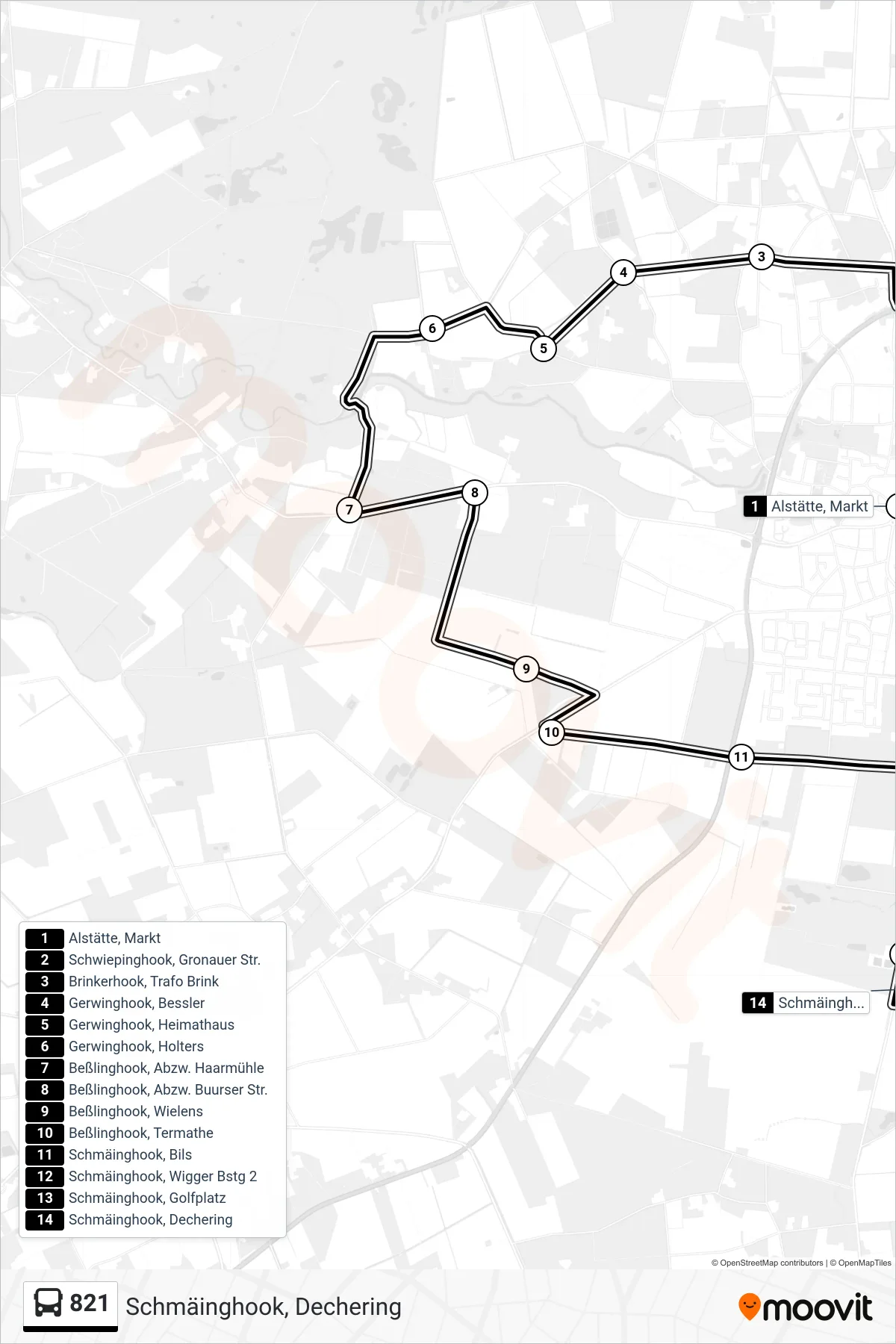 Linie 821 (Bus) Richtung Schmäinghook, Dechering: Route und Haltestellen auf der Karte