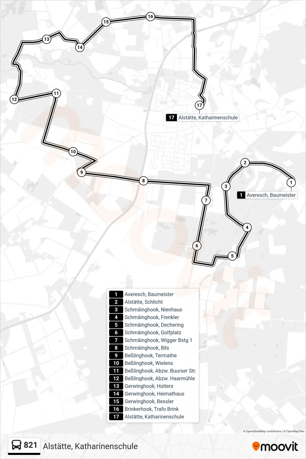 821 bus Line (Alstätte, Katharinenschule) route and stops on a map