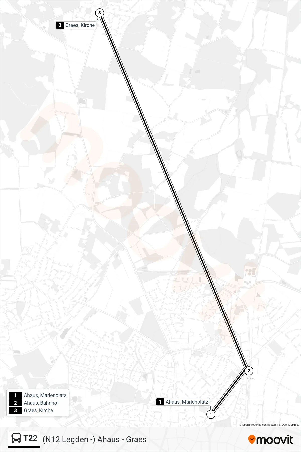 T22 bus Line (Graes, Kirche) route and stops on a map