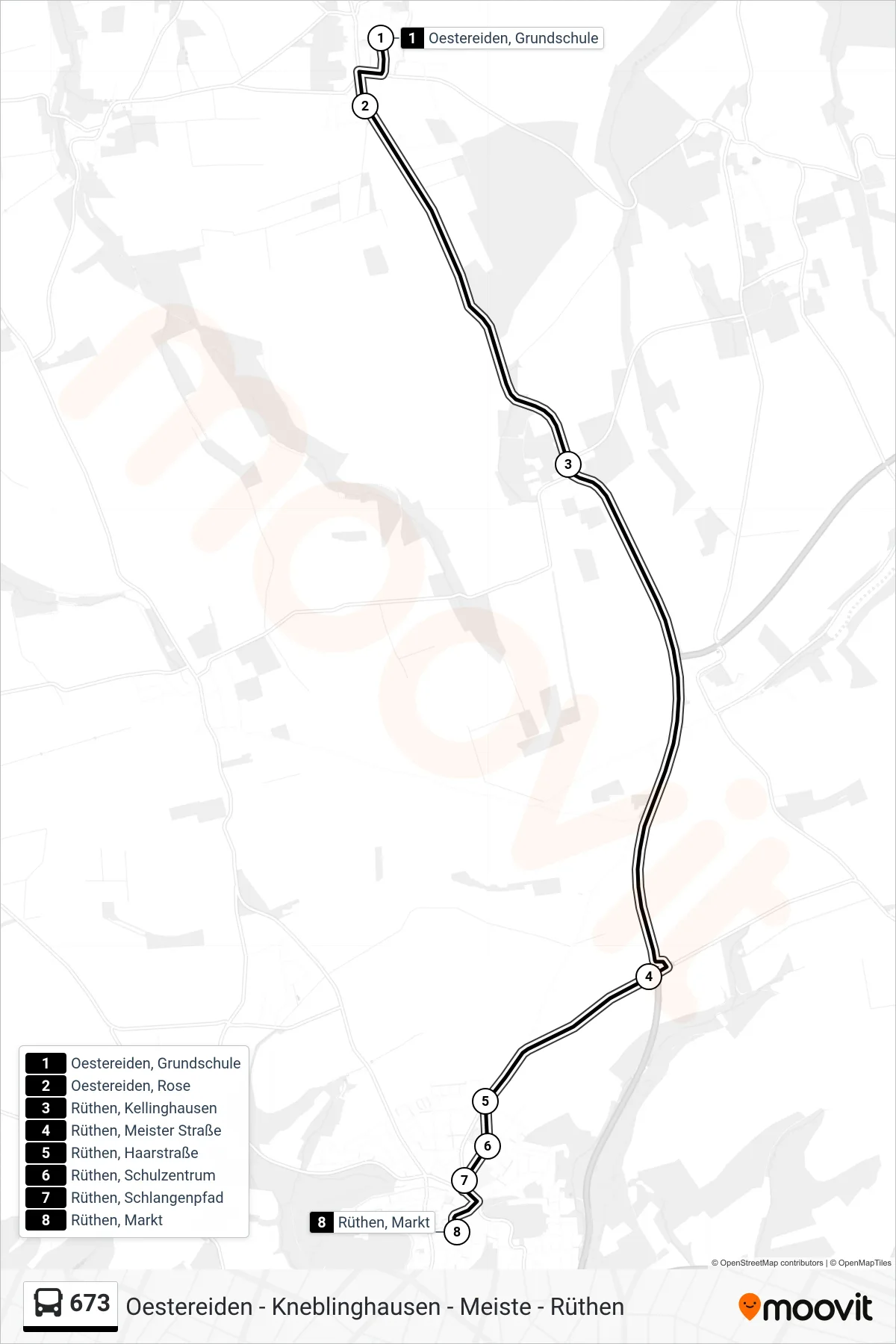 673 bus Line (Rüthen Ü. Meiste) route and stops on a map