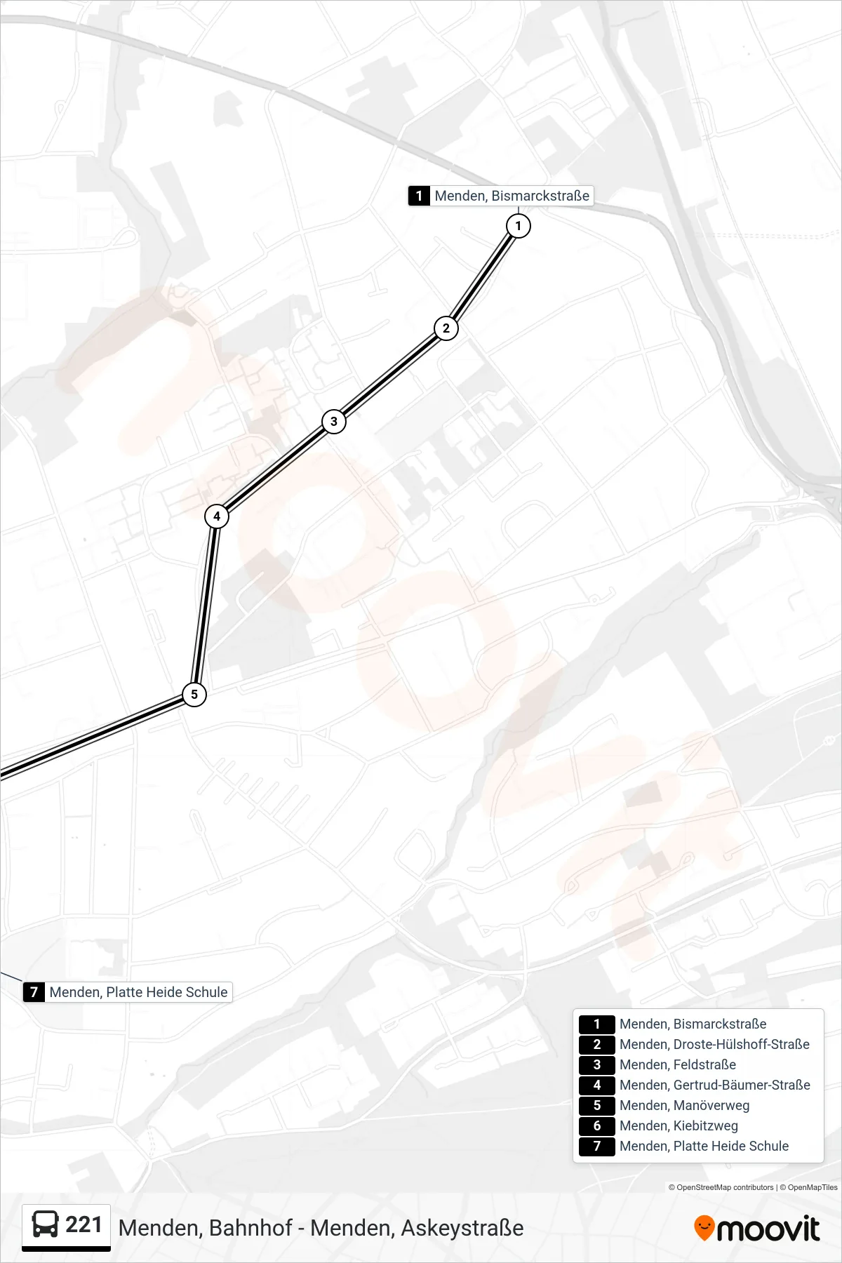 221 bus Line (Menden, Platte Heide Schule) route and stops on a map
