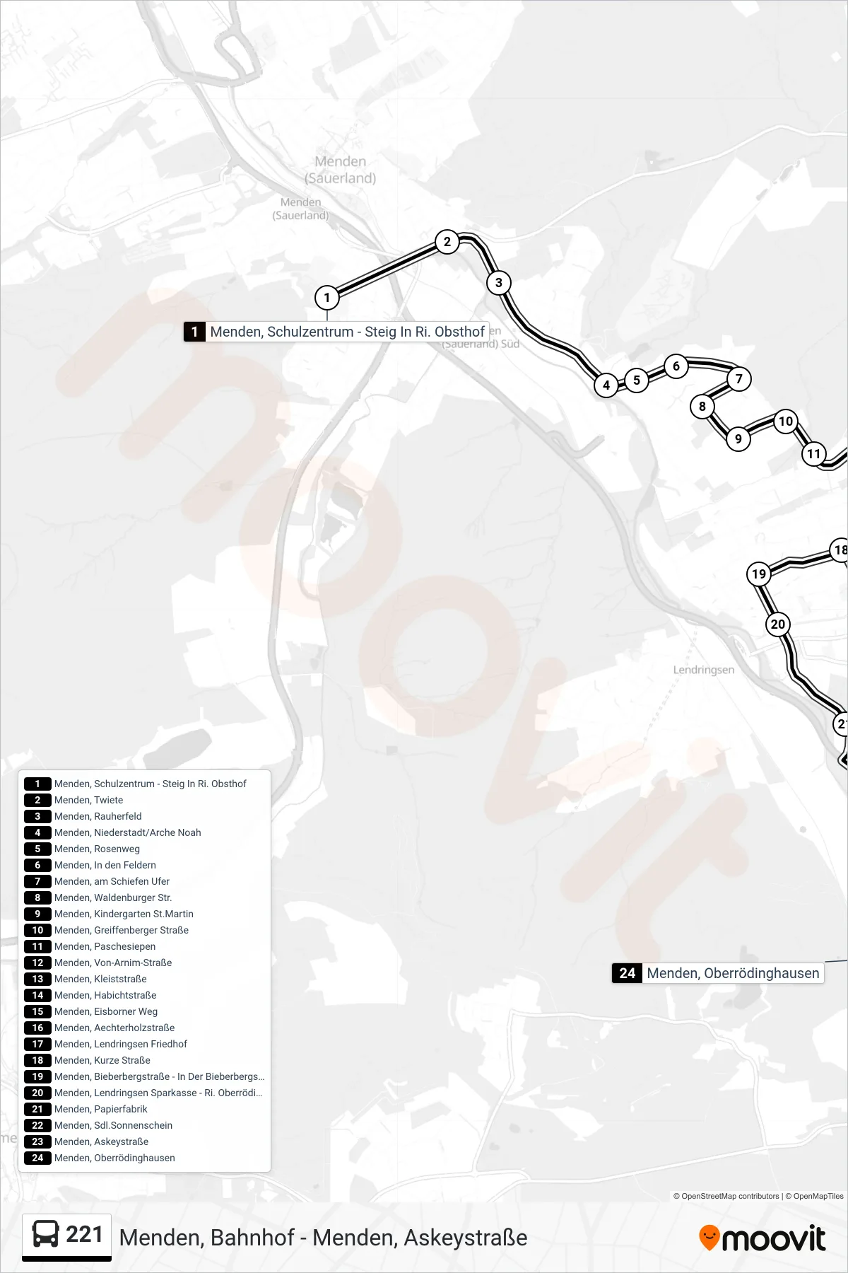 221 bus Line (Menden, Oberrödinghausen) route and stops on a map