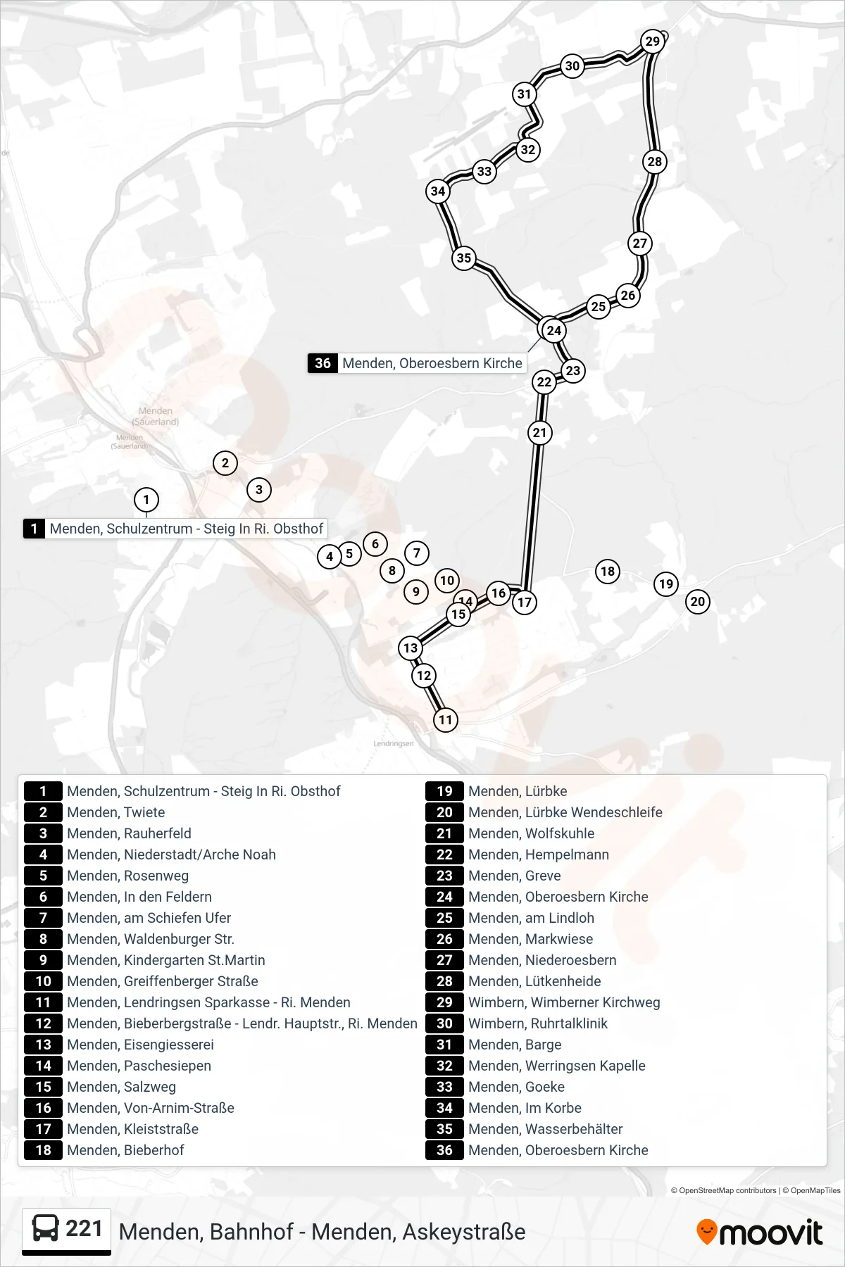 221 bus Line (Menden, Oberoesbern Kirche) route and stops on a map