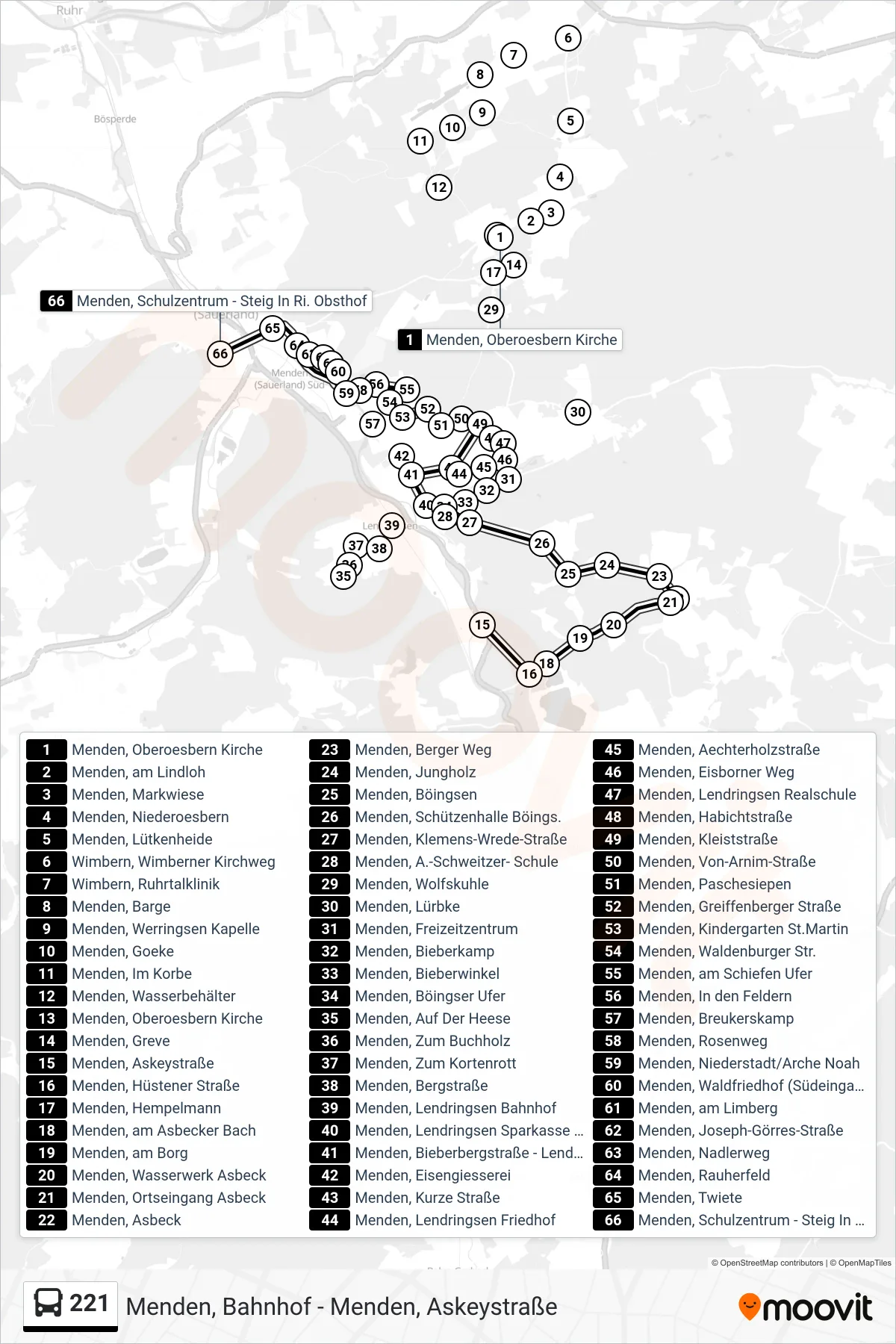 221 bus Line (Menden, Schulzentrum - Steig In Ri. Obsthof) route and stops on a map