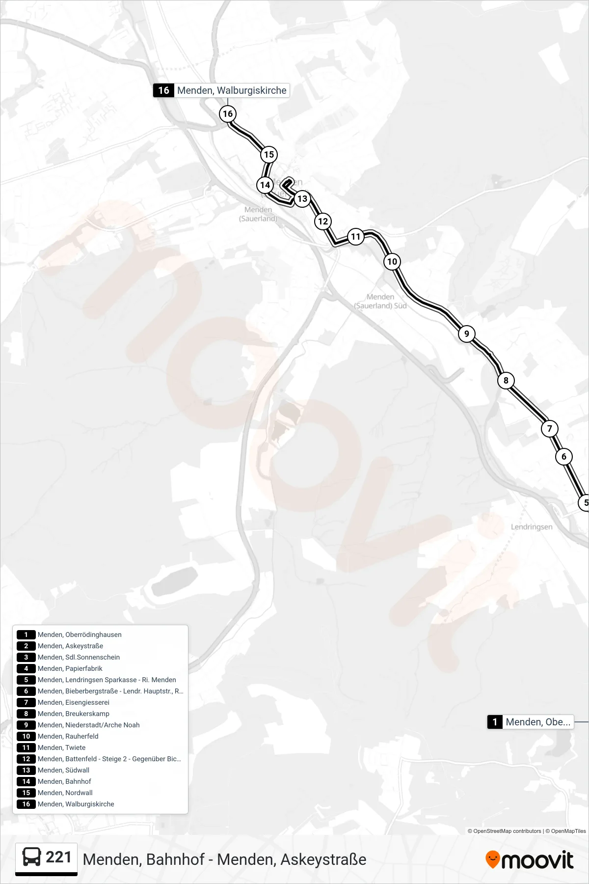 221 bus Line (Menden, Walburgiskirche) route and stops on a map
