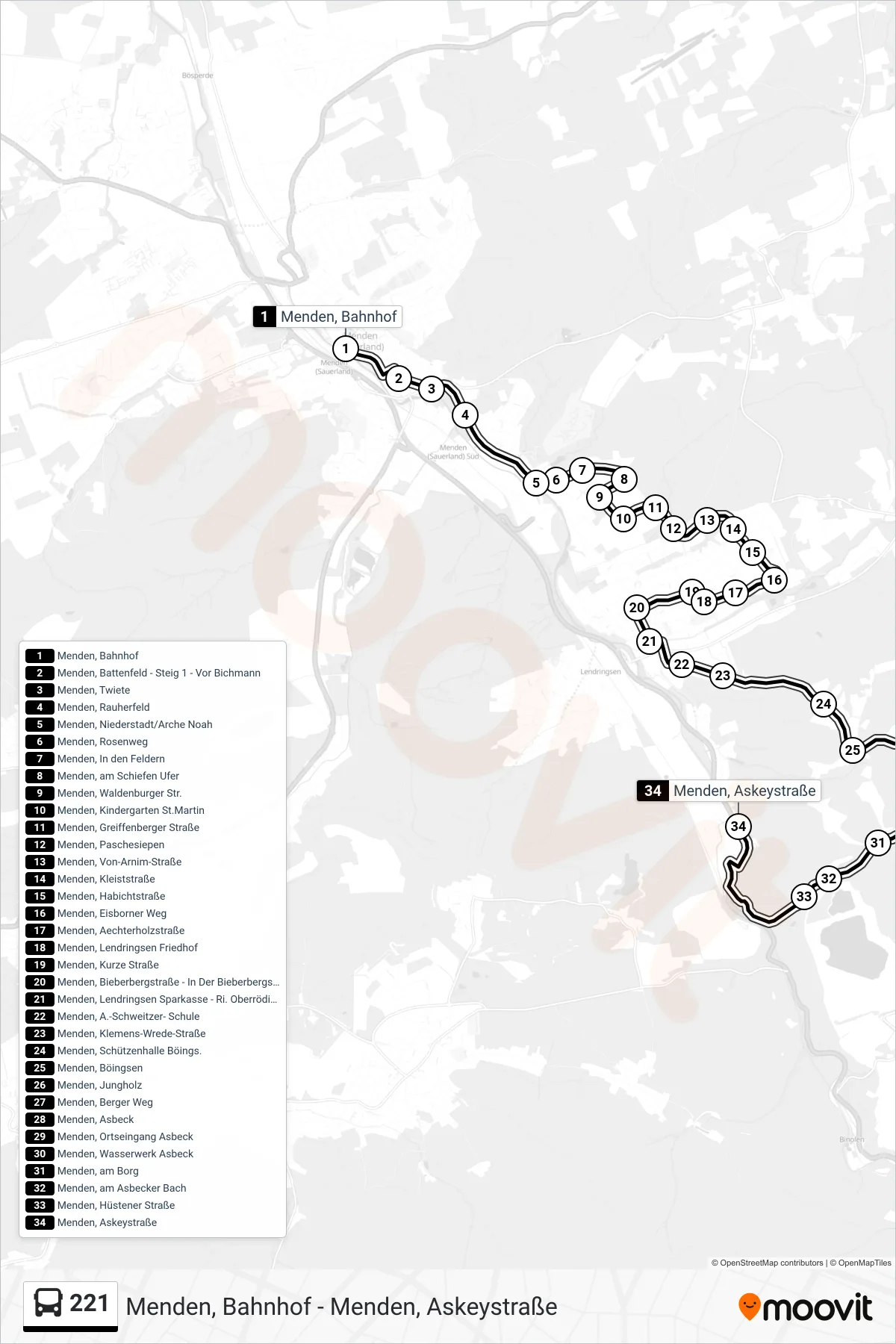 221 bus Line (Menden, Askeystraße) route and stops on a map