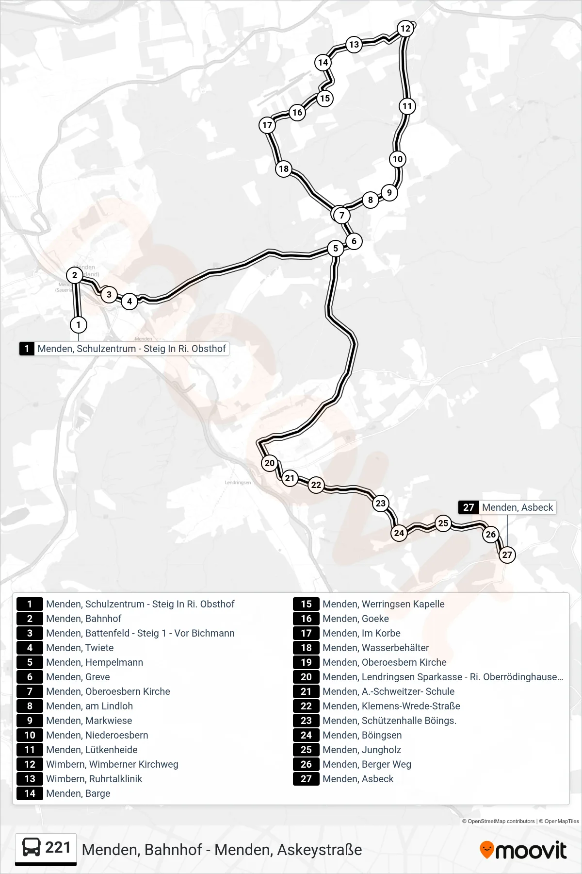 Linie 221 (Bus) Richtung Menden, Asbeck: Route und Haltestellen auf der Karte