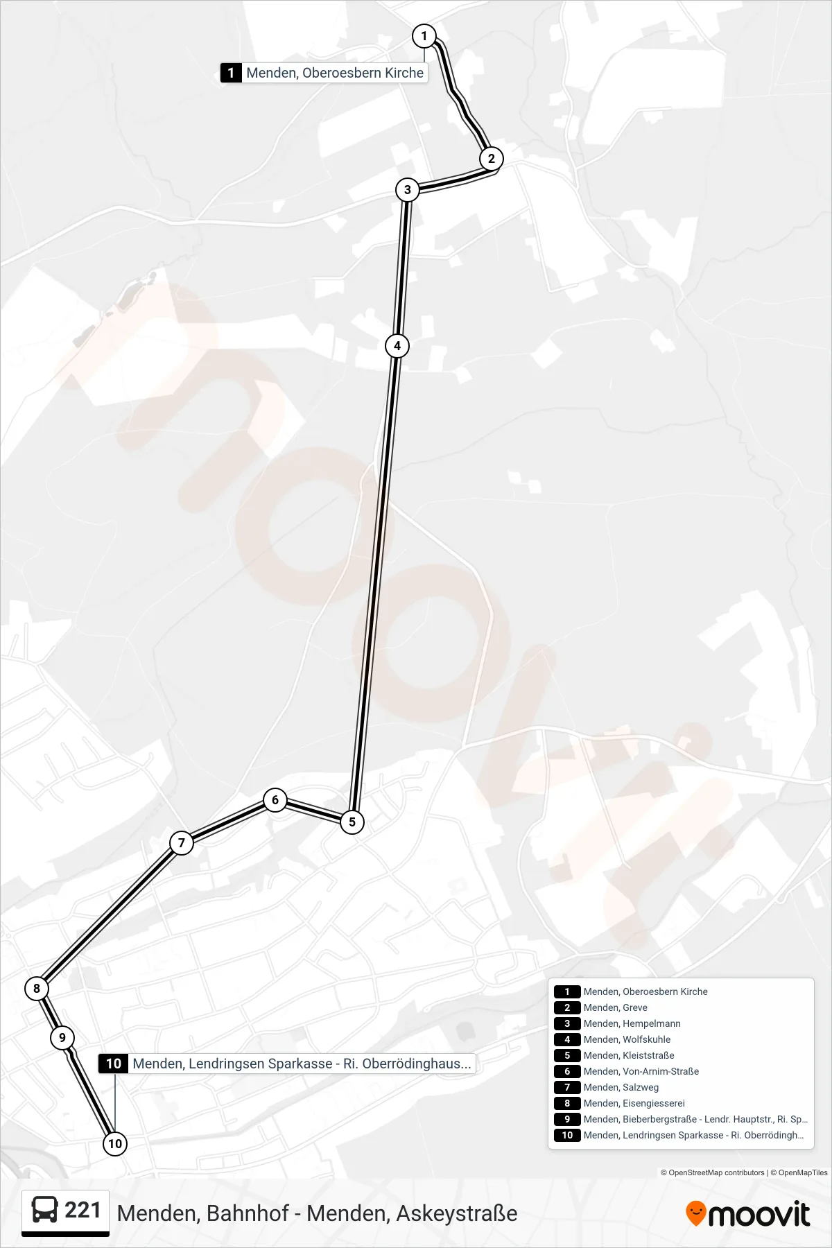 221 bus Line (Menden, Lendringsen Sparkasse - Ri. Oberrödinghausen, Hüingsen) route and stops on a map