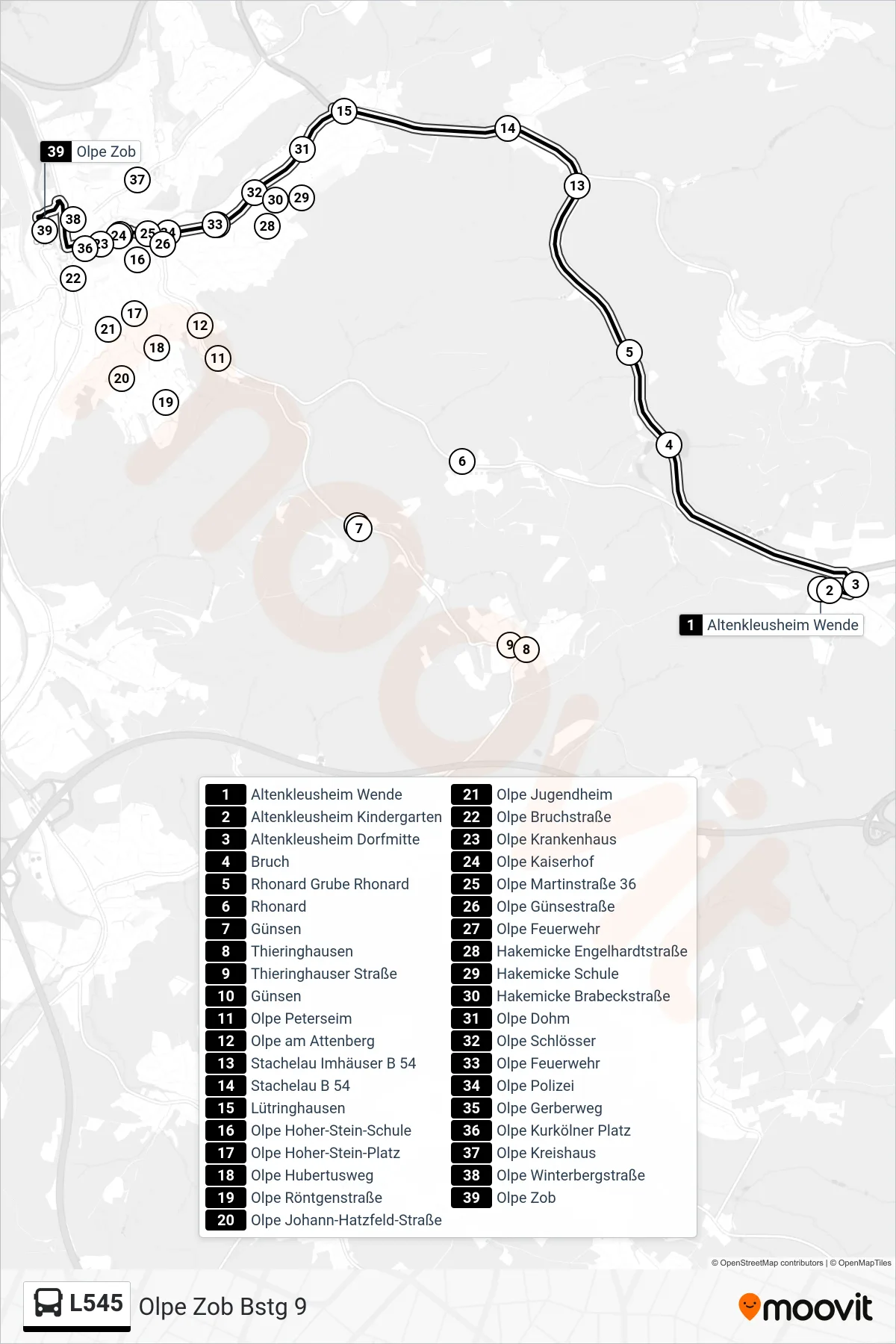 L545 bus Line (Olpe Zob Bstg 9) route and stops on a map