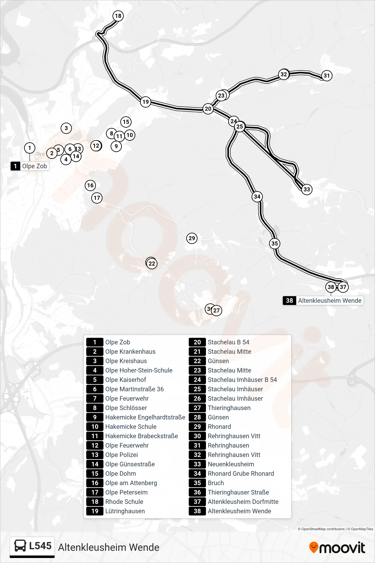 L545 bus Line (Altenkleusheim Wende) route and stops on a map