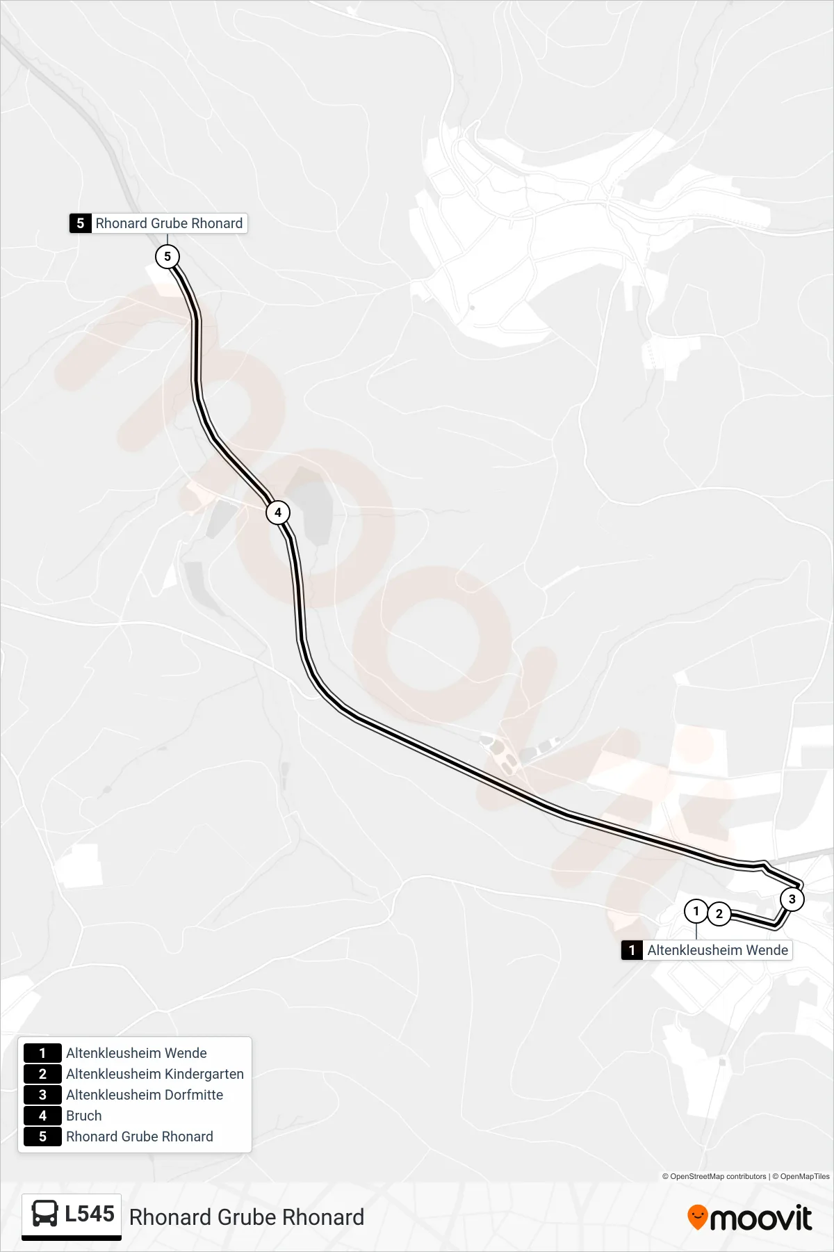 L545 bus Line (Rhonard Grube Rhonard) route and stops on a map