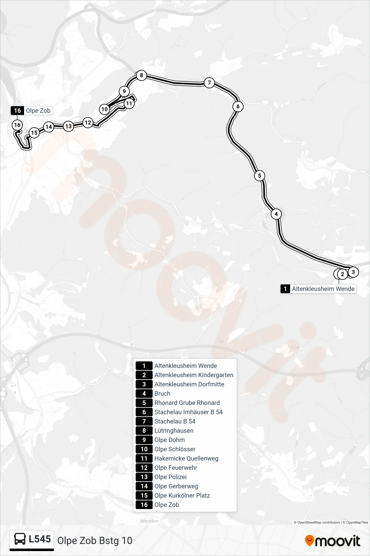 L545 bus Line (Olpe Zob Bstg 10) route and stops on a map