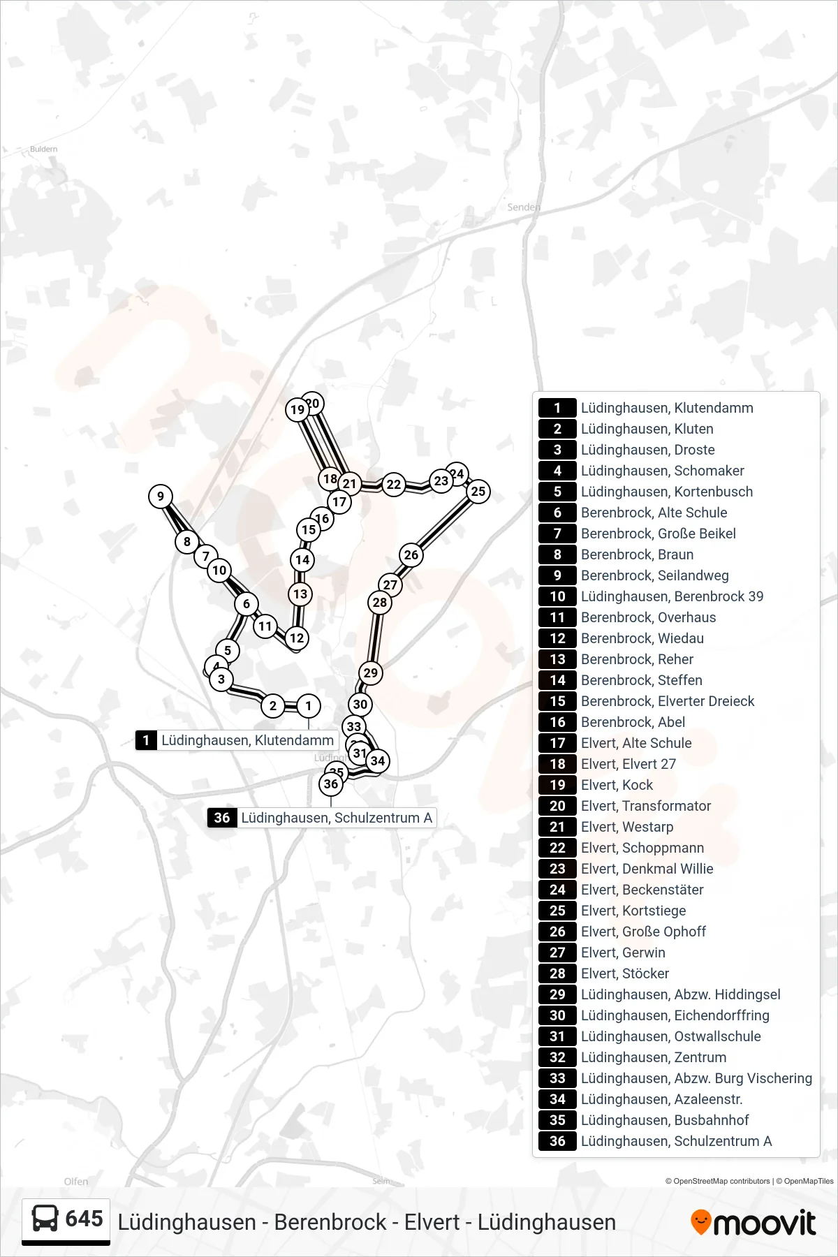 645 bus Line (Lüdinghausen, Schulzentrum A) route and stops on a map