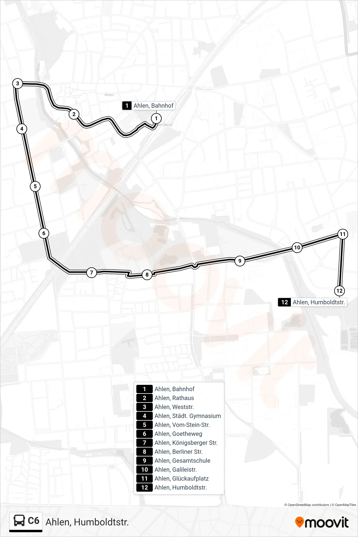C6 bus Line (Ahlen, Humboldtstr.) route and stops on a map