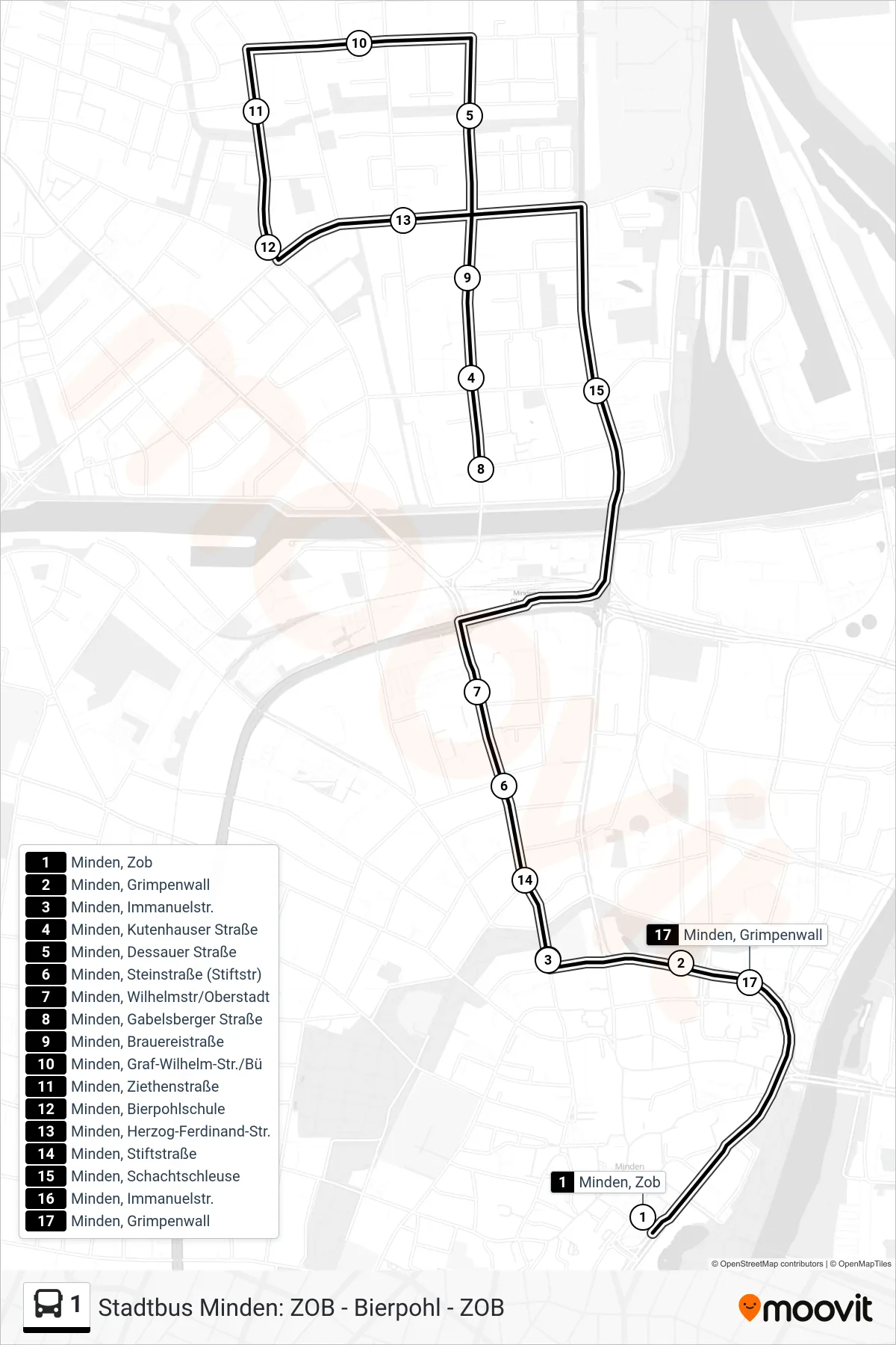 1 bus Line (Minden, Zob) route and stops on a map