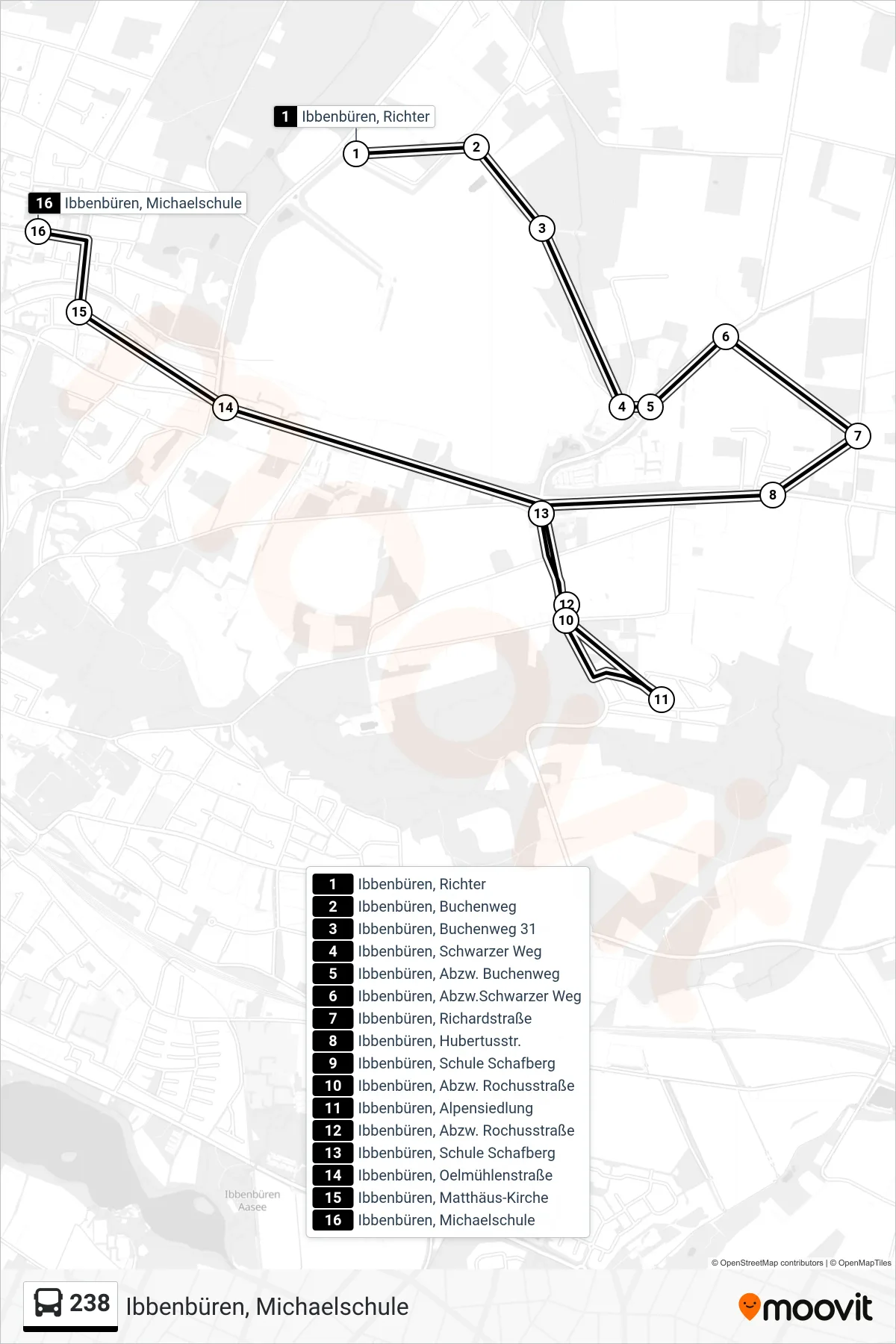 238 bus Line (Ibbenbüren, Michaelschule) route and stops on a map