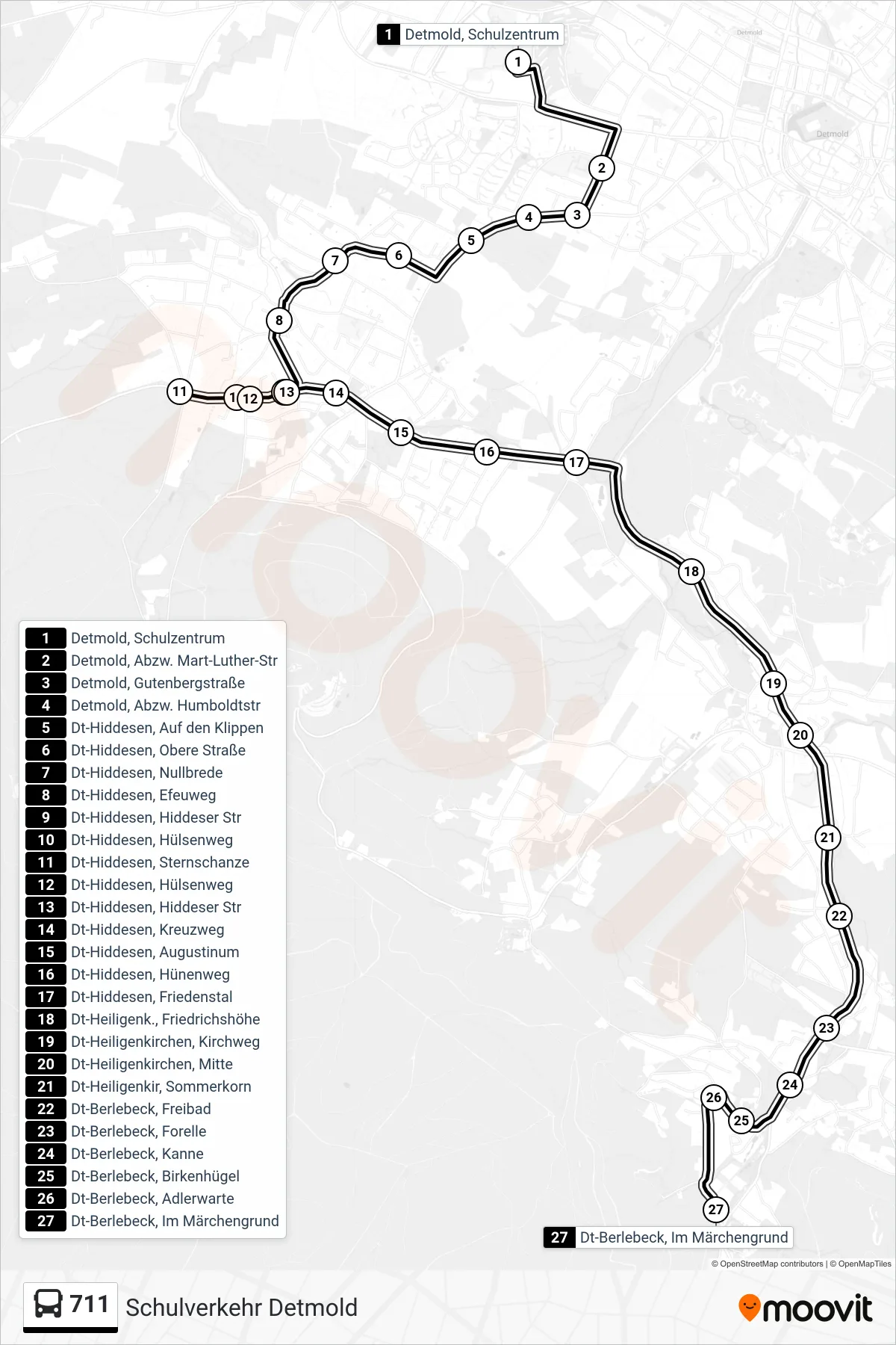 711 bus Line (Berlebeck) route and stops on a map