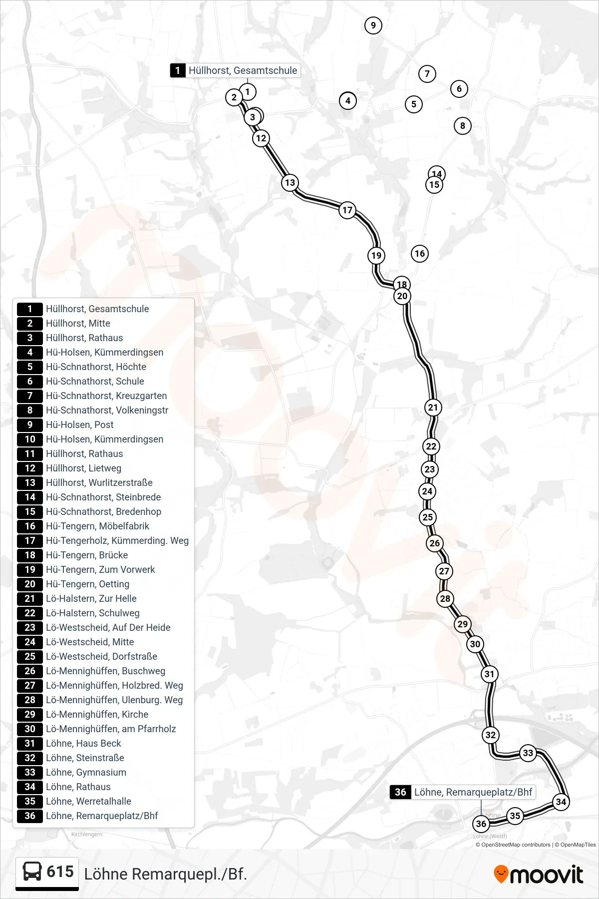 Linie 615 (Bus) Richtung Löhne Remarquepl./Bf.: Route und Haltestellen auf der Karte
