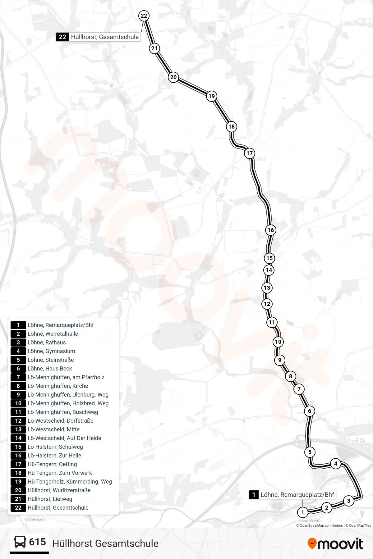 615 bus Line (Hüllhorst Gesamtschule) route and stops on a map