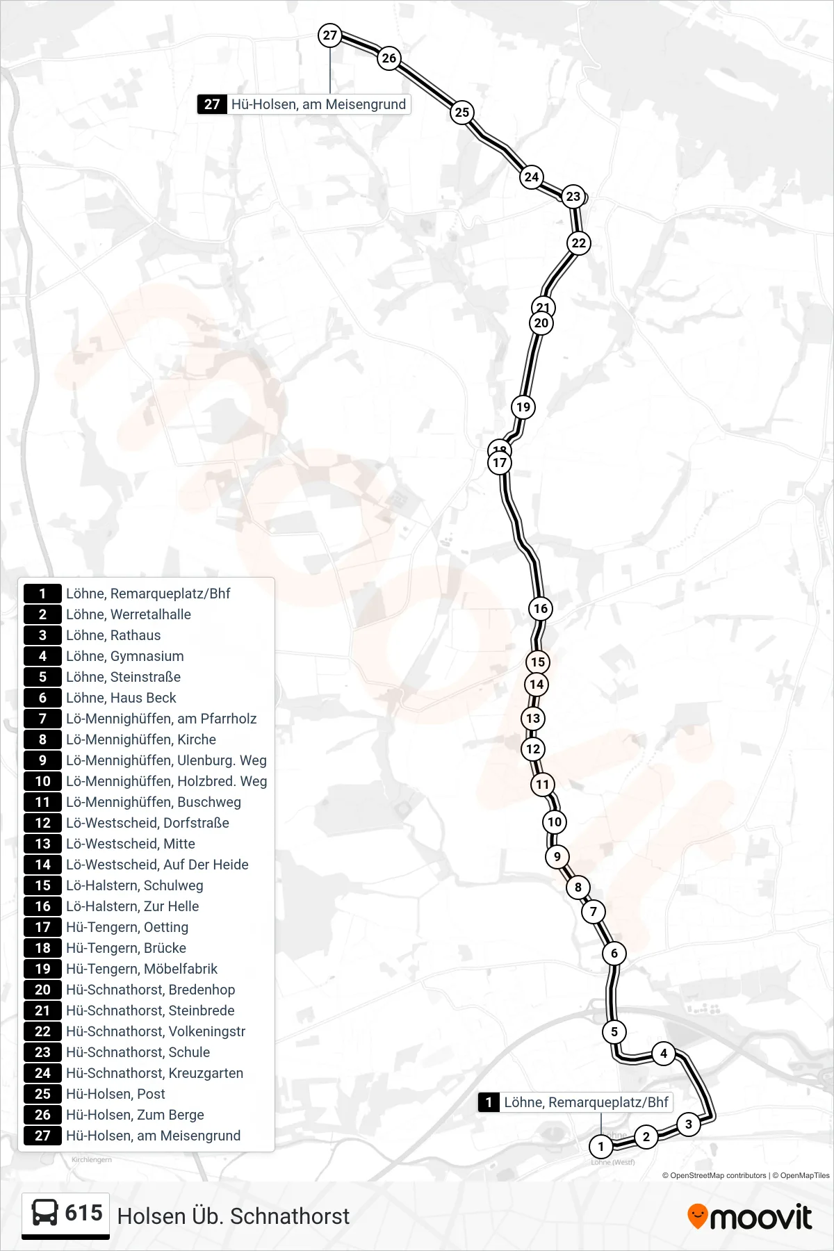615 bus Line (Holsen Üb. Schnathorst) route and stops on a map