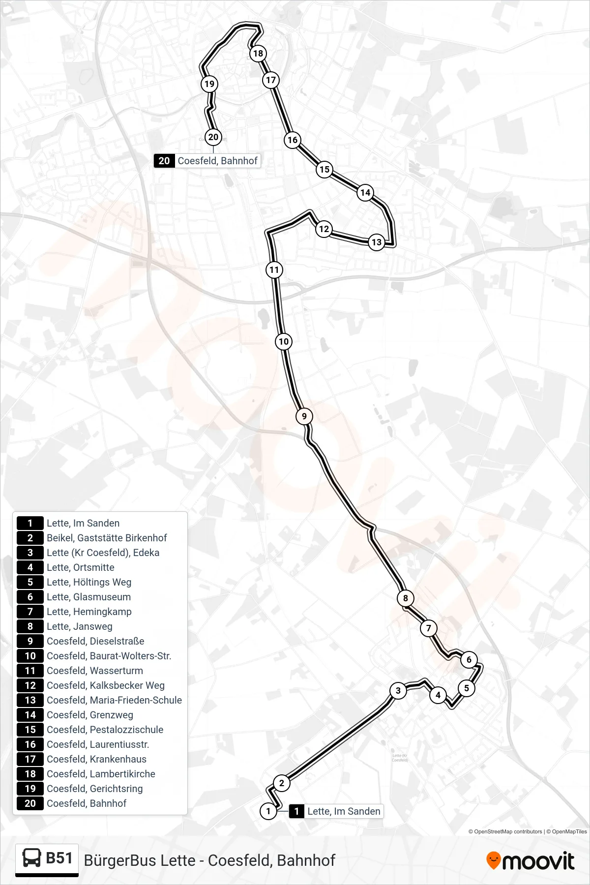 Linie B51 (Bus) Richtung Coesfeld, Bahnhof Bussteig A: Route und Haltestellen auf der Karte