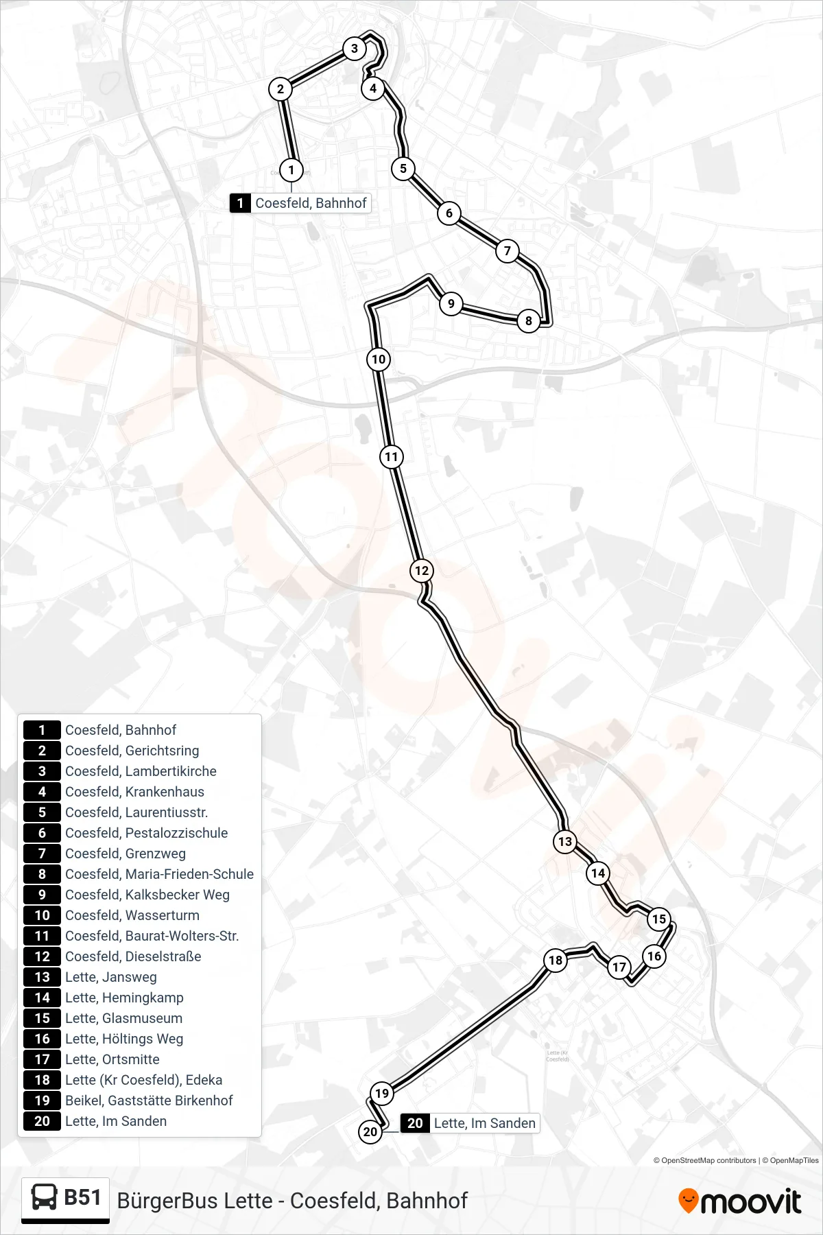 Linie B51 (Bus) Richtung Lette, Im Sanden: Route und Haltestellen auf der Karte