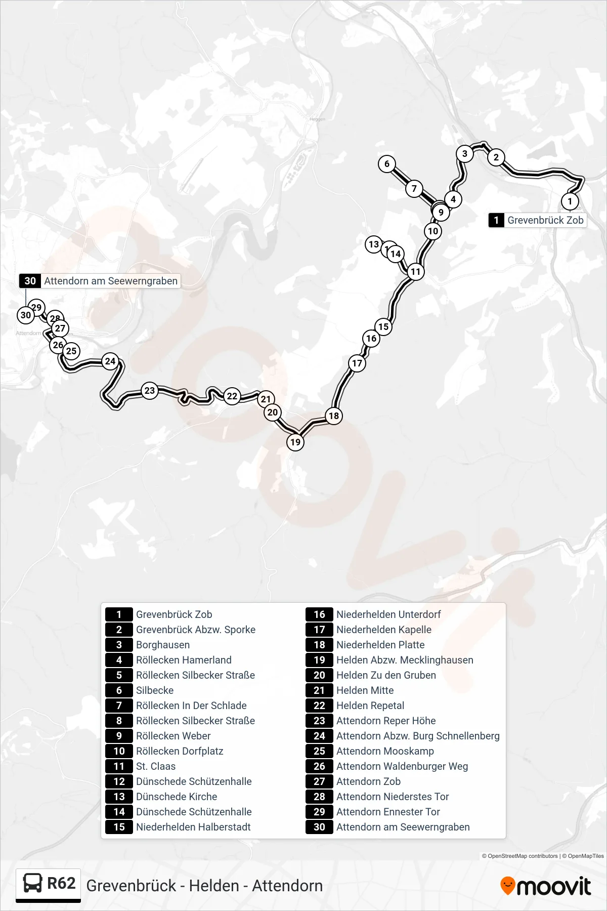 R62 bus Line (Attendorn am Seewerngraben) route and stops on a map