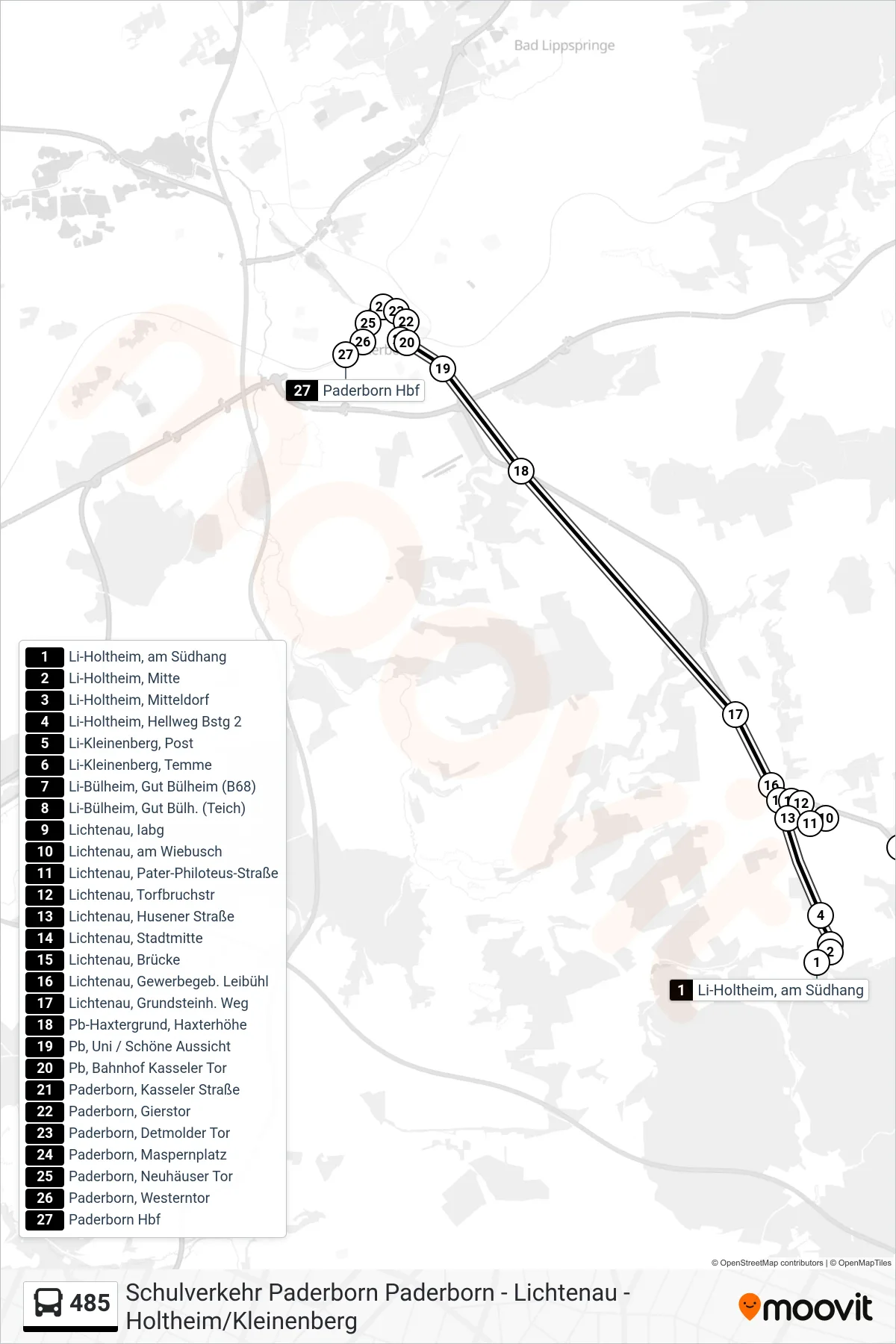 485 bus Line (Paderborn Hbf Bstg B) route and stops on a map