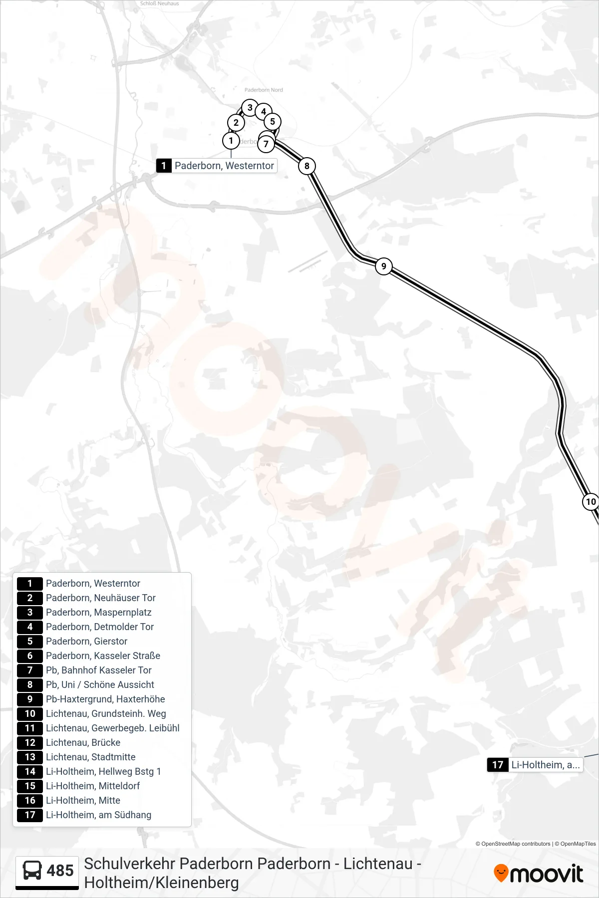 485 bus Line (Li-Holtheim, am Südhang) route and stops on a map
