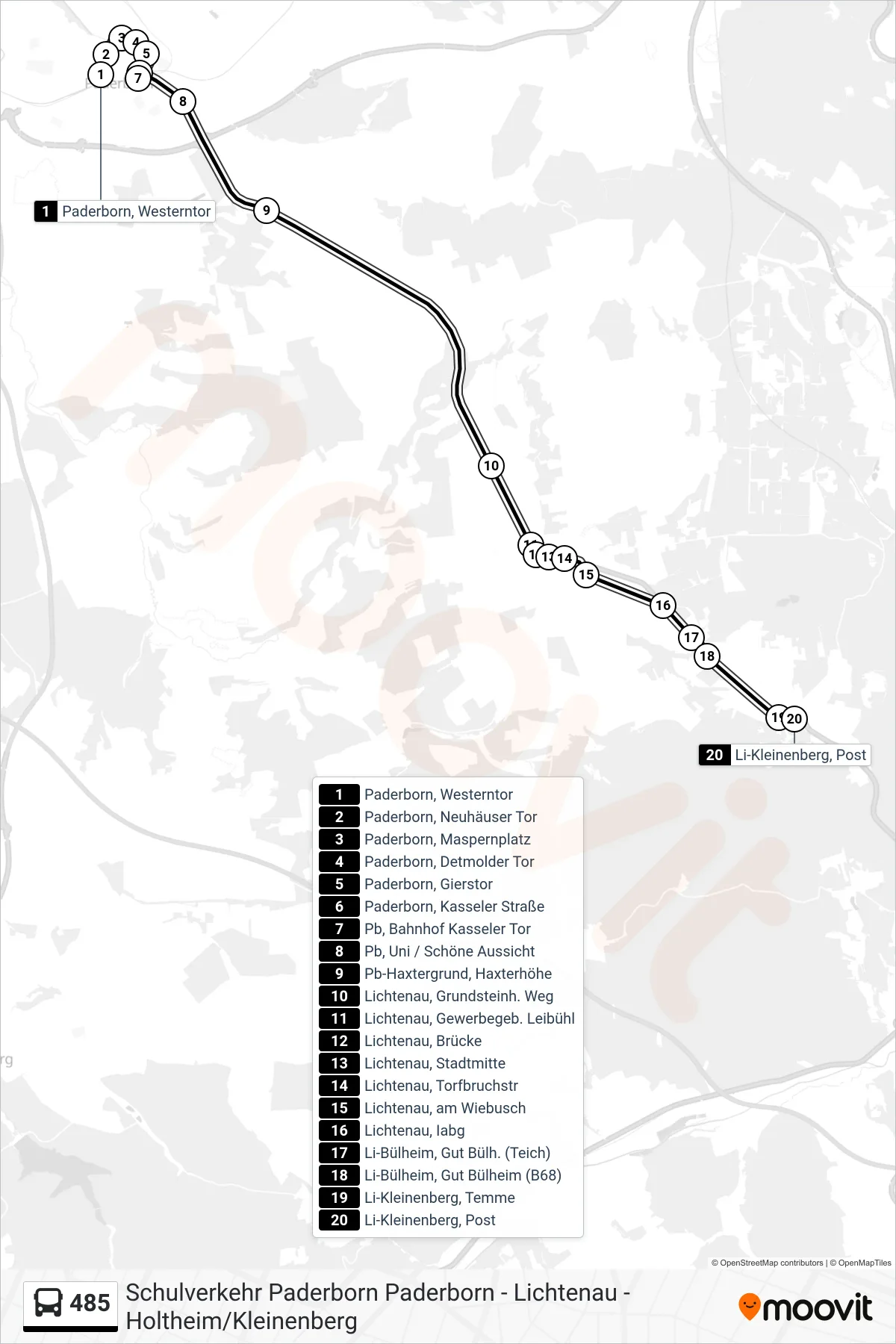 485 bus Line (Li-Kleinenberg, Post) route and stops on a map