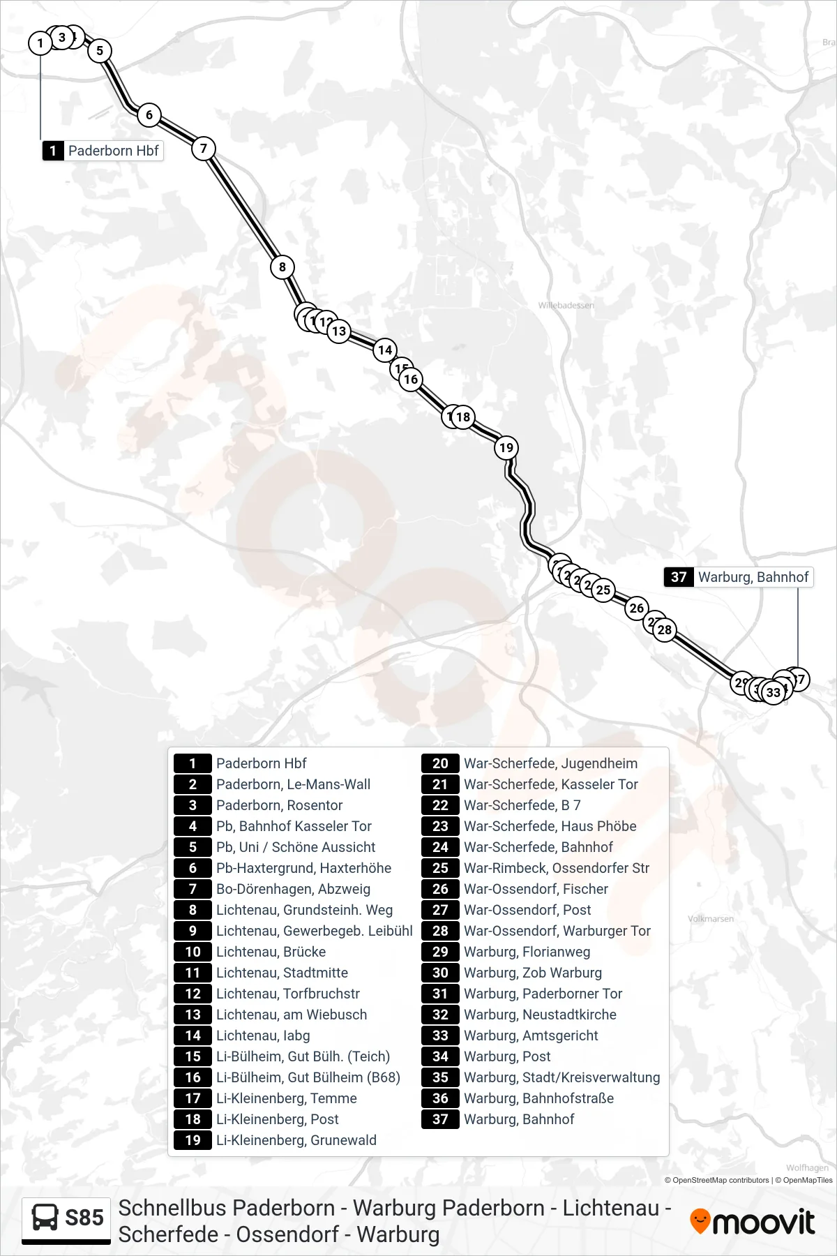 S85 bus Line (Warburg, Bahnhof) route and stops on a map