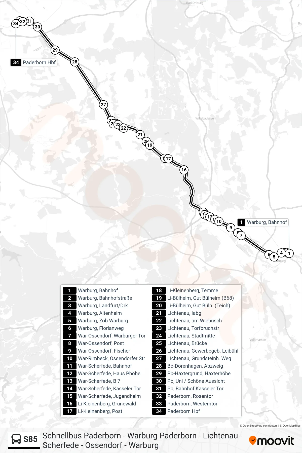 Linie S85 (Bus) Richtung Paderborn Hbf Bstg A1: Route und Haltestellen auf der Karte
