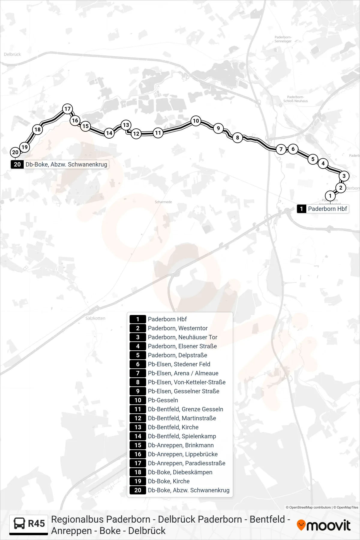 R45 bus Line (Db-Boke, Abzw. Schwanenkrug) route and stops on a map