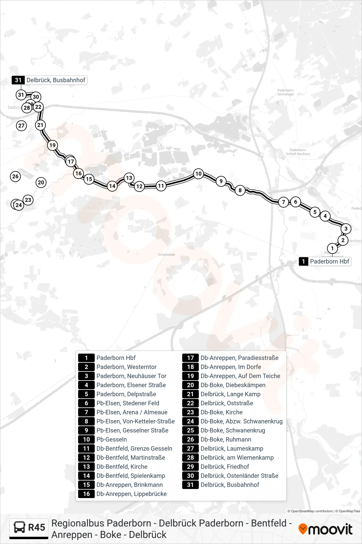 R45 bus Line (Delbrück, Busbahnhof) route and stops on a map