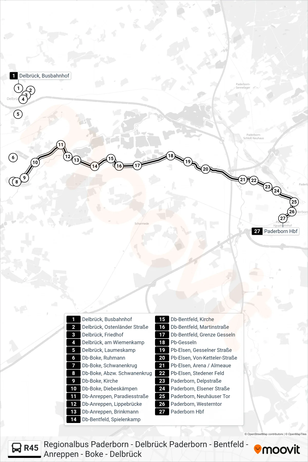 R45 bus Line (Paderborn Hbf Bstg B) route and stops on a map
