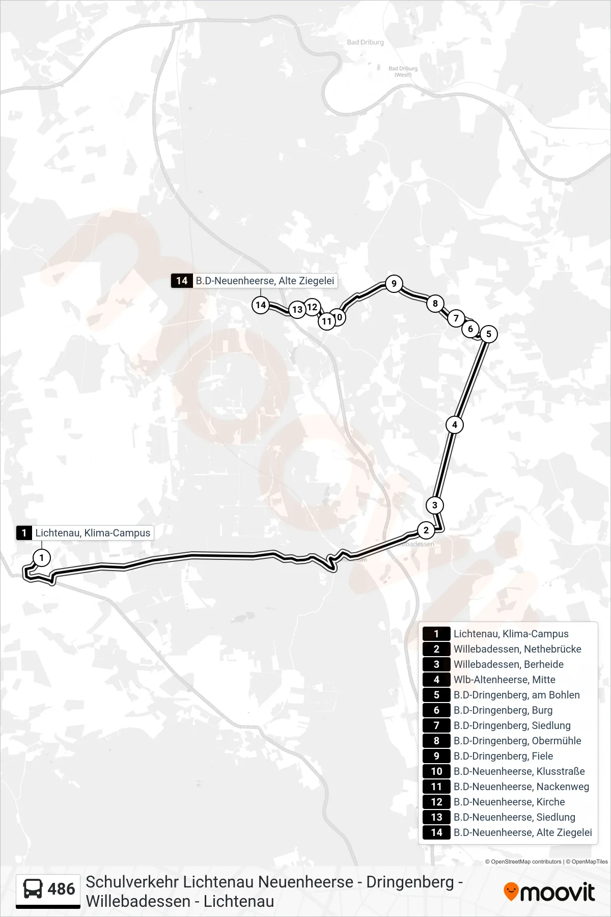 486 bus Line (B.D-Neuenheerse, Alte Ziegelei) route and stops on a map