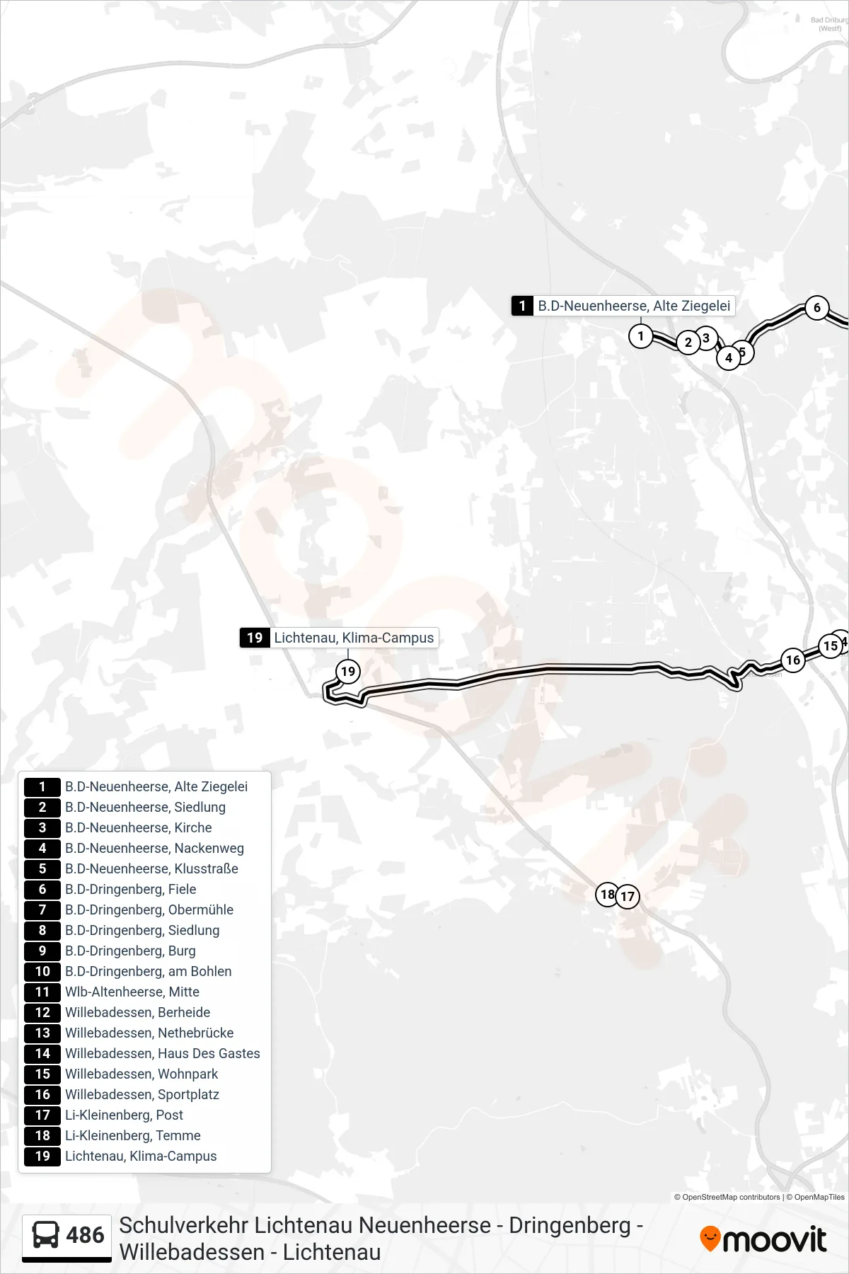 486 bus Line (Lichtenau, Klima-Campus) route and stops on a map