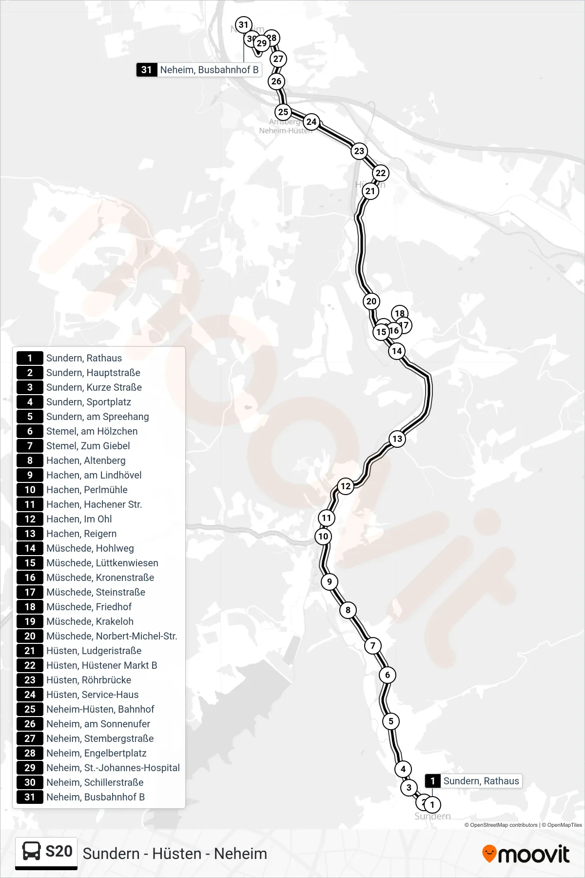 Linie S20 (Bus) Richtung Neheim, Busbahnhof B: Route und Haltestellen auf der Karte