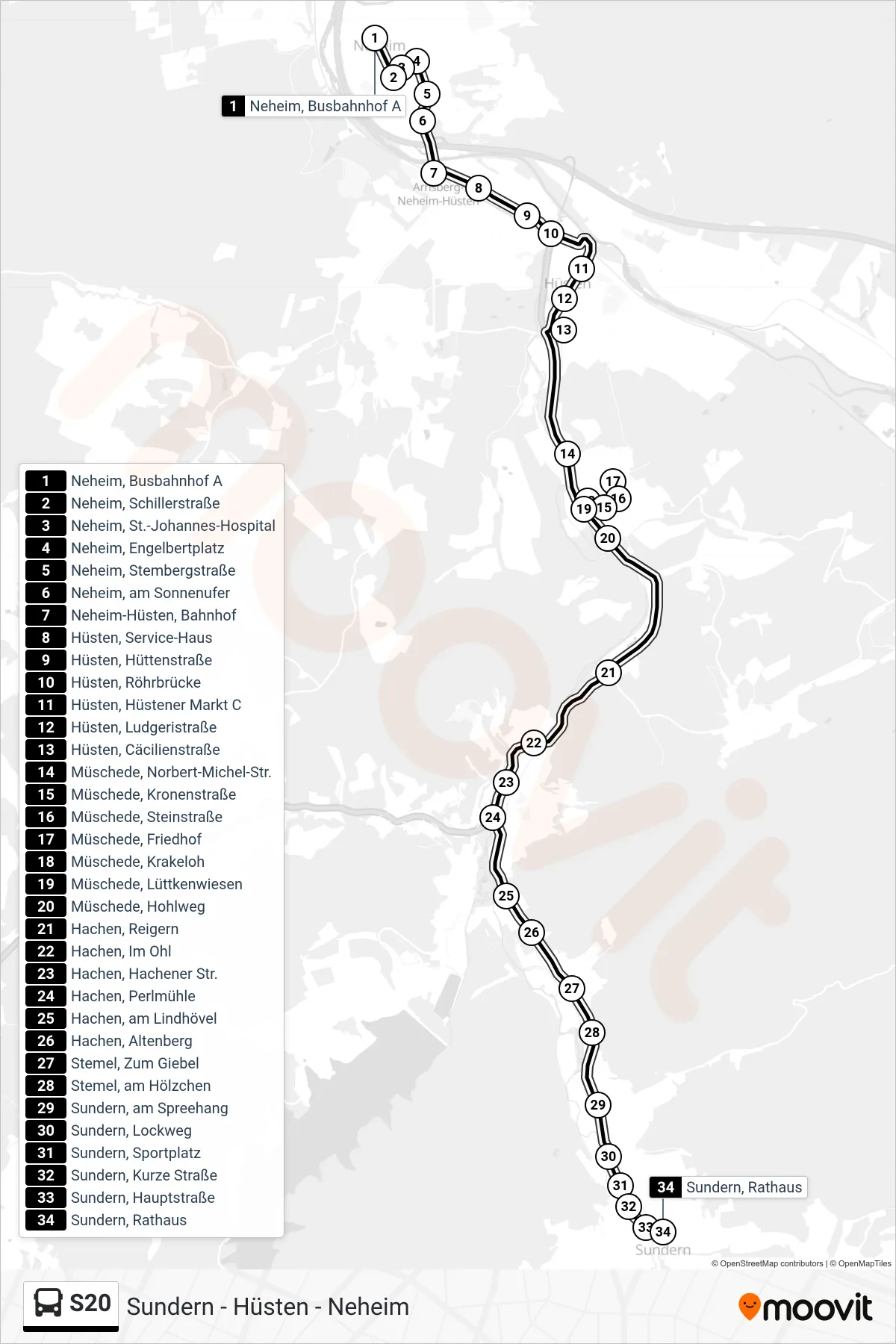 S20 bus Line (Sundern, Rathaus) route and stops on a map